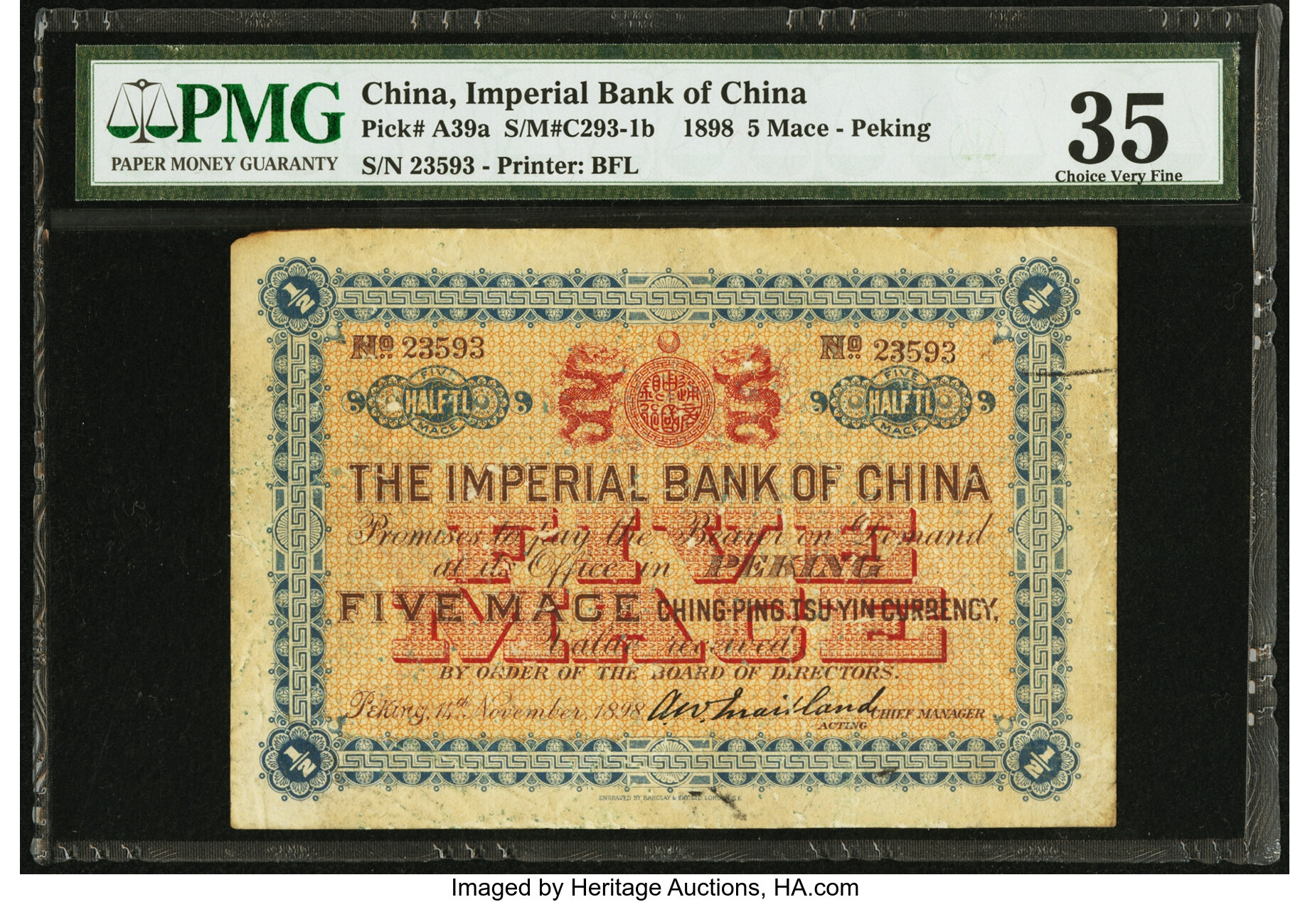 China Imperial Bank of China 5 Mace Peking 14.11.1898 Pick A39a