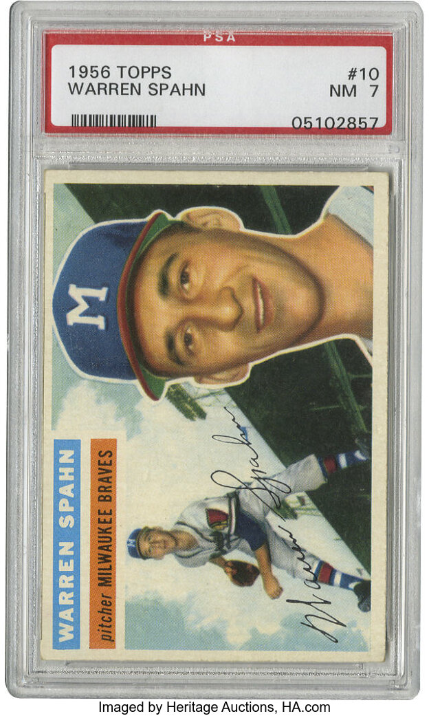 1956 Topps Warren Spahn #10 NM PSA 7. Near flawless example of the ...