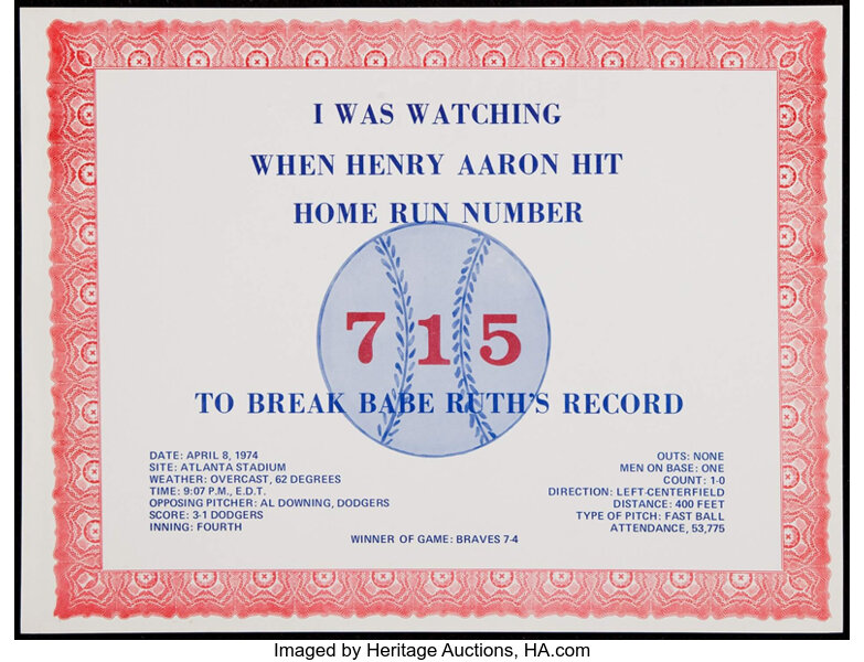 Hank Aaron - 1974 '715 Club' 'I Was There' certificate