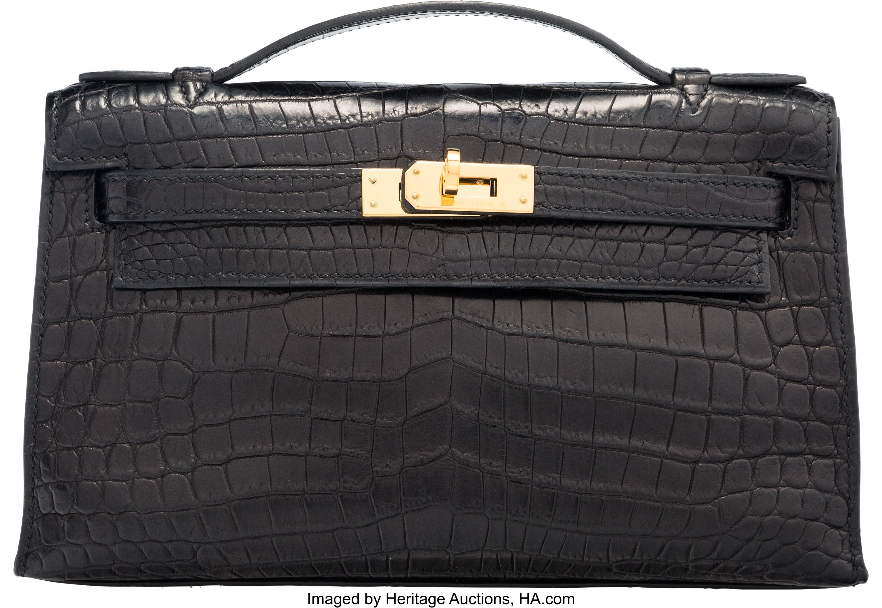 Hermes Matte Black Nilo Crocodile Kelly Pochette Bag with Gold, Lot #58256