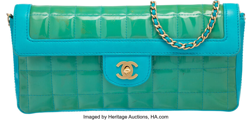Chanel Blue Lambskin & Green Patent Leather East West Flap Bag