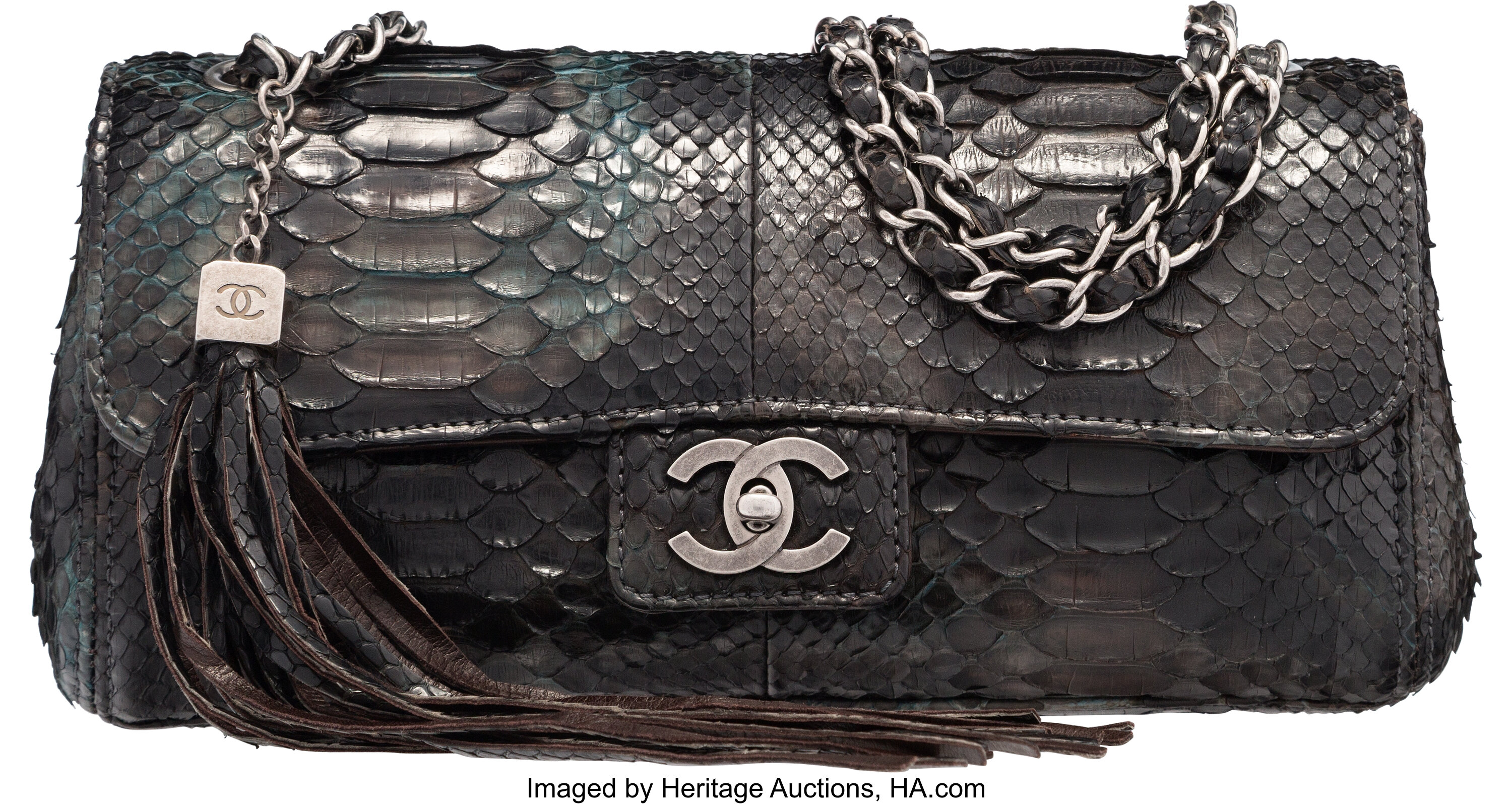 Chanel Gray Python East West Flap Bag. Very Good Condition. 10, Lot  #58029