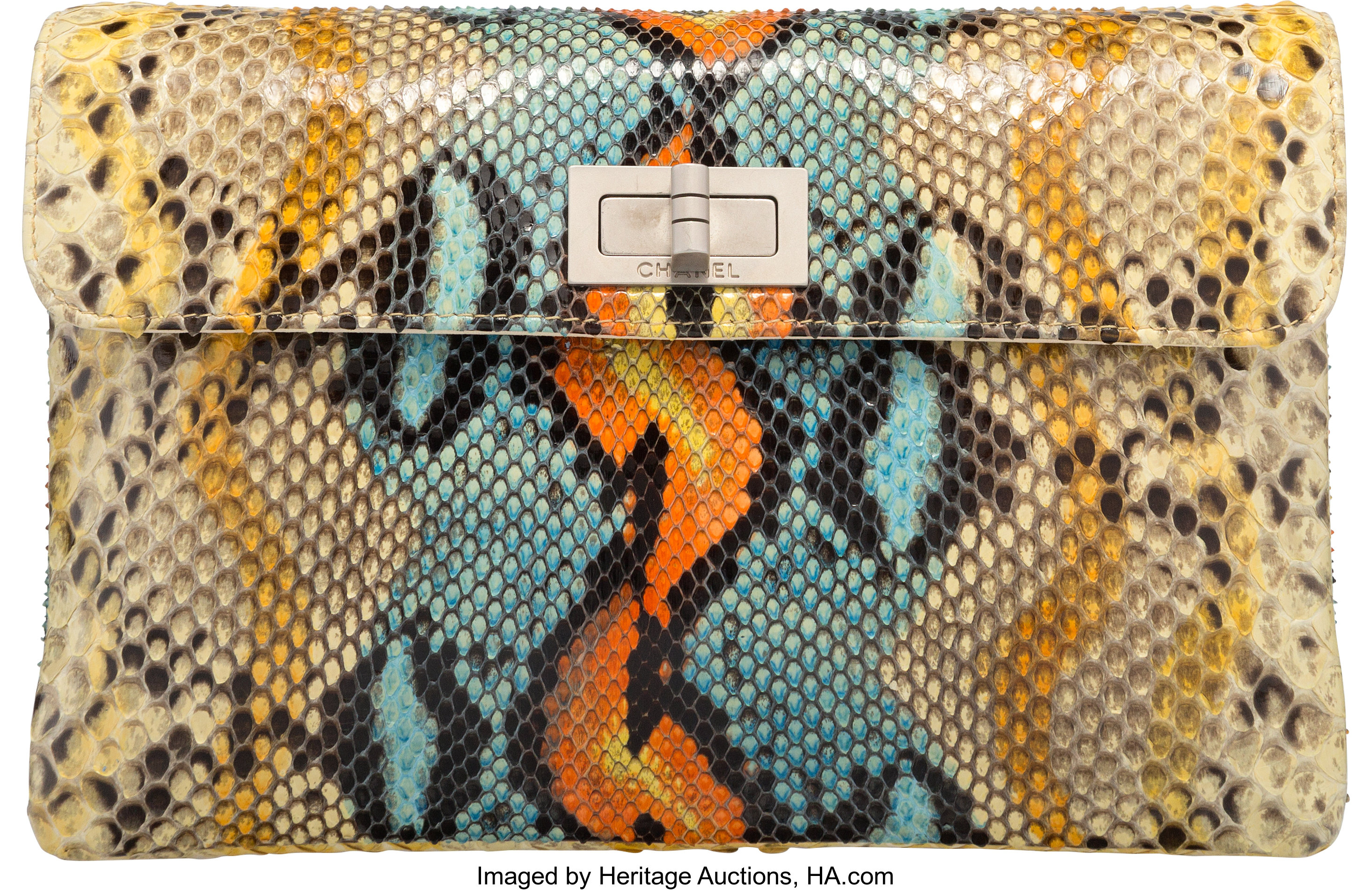 Chanel Multicolor Python Flap Clutch Bag. Very Good Condition. 8.5, Lot  #58453