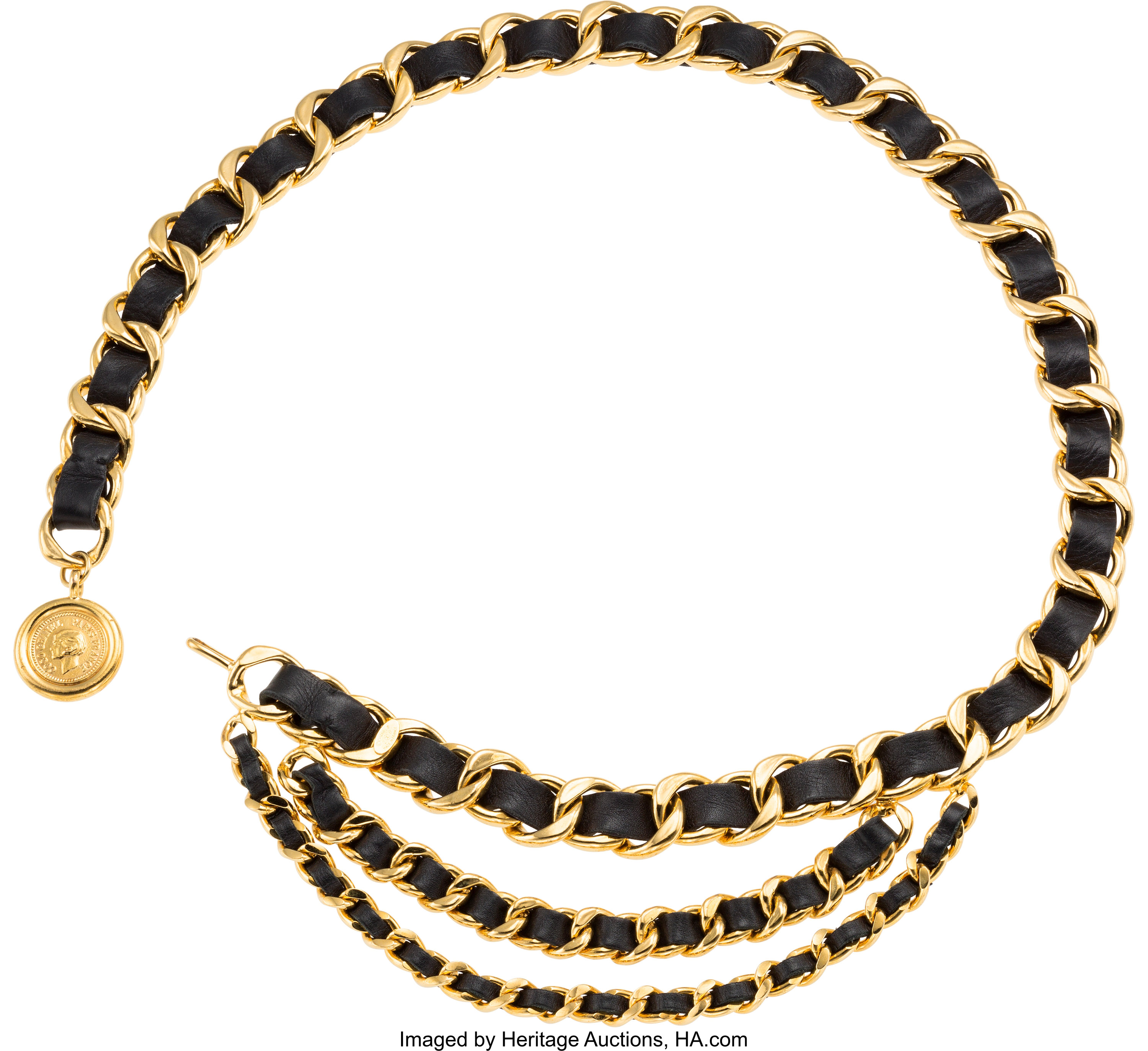 Chanel Black Leather & Gold Chain Belt. Excellent Condition. 1, Lot  #58482