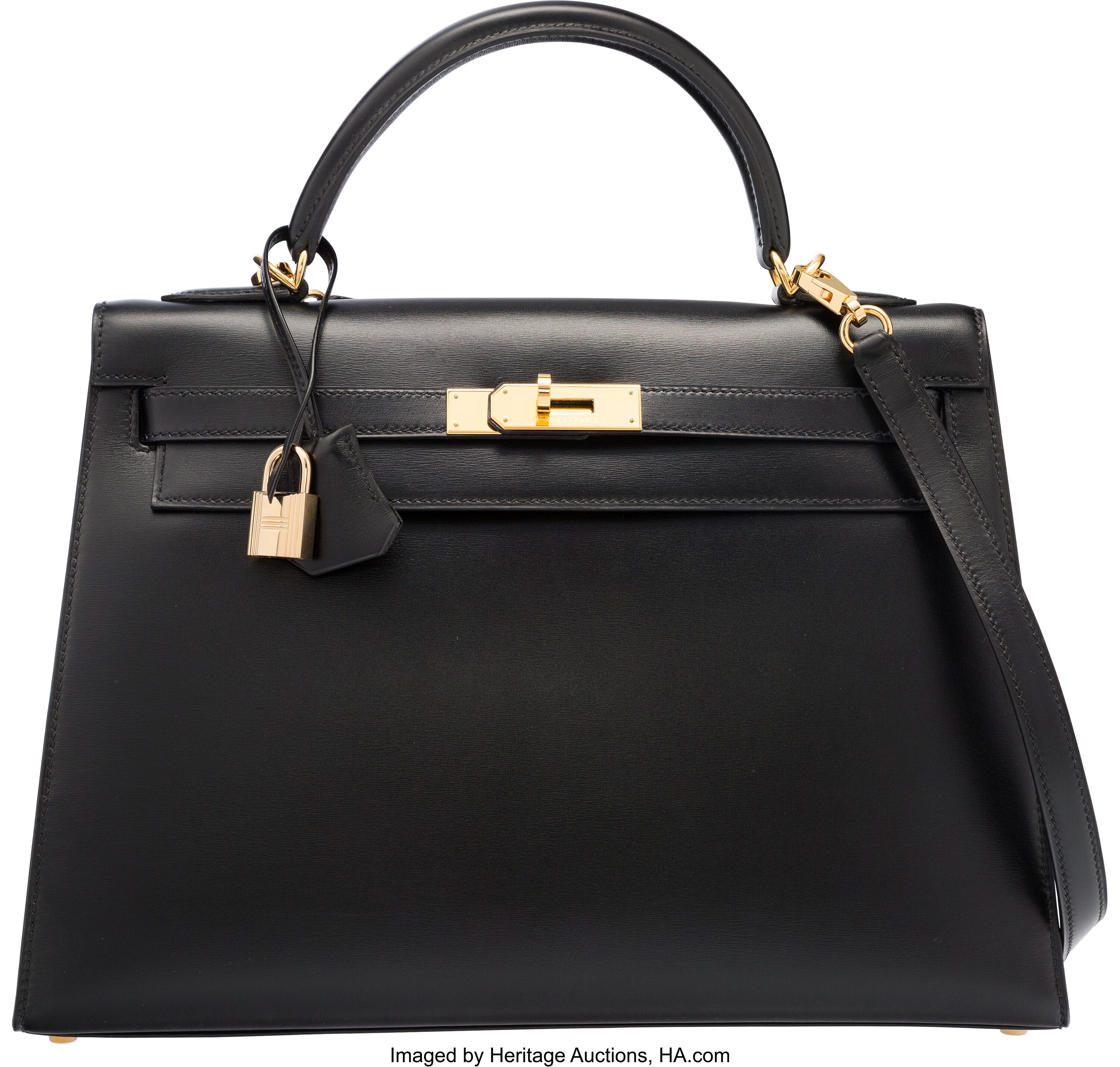 Hermes 32cm Black Calf Box Leather Sellier Kelly Bag with Gold | Lot ...