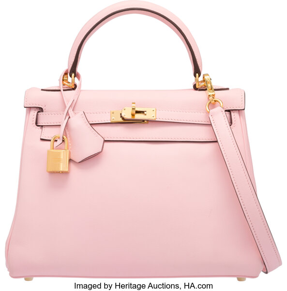 Hermes 25cm Rose Sakura Swift Leather Retourne Kelly Bag with Gold