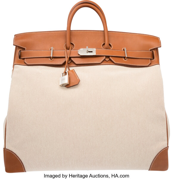 Hermes 50cm Fauve Barenia Leather & Toile HAC Birkin Bag with
