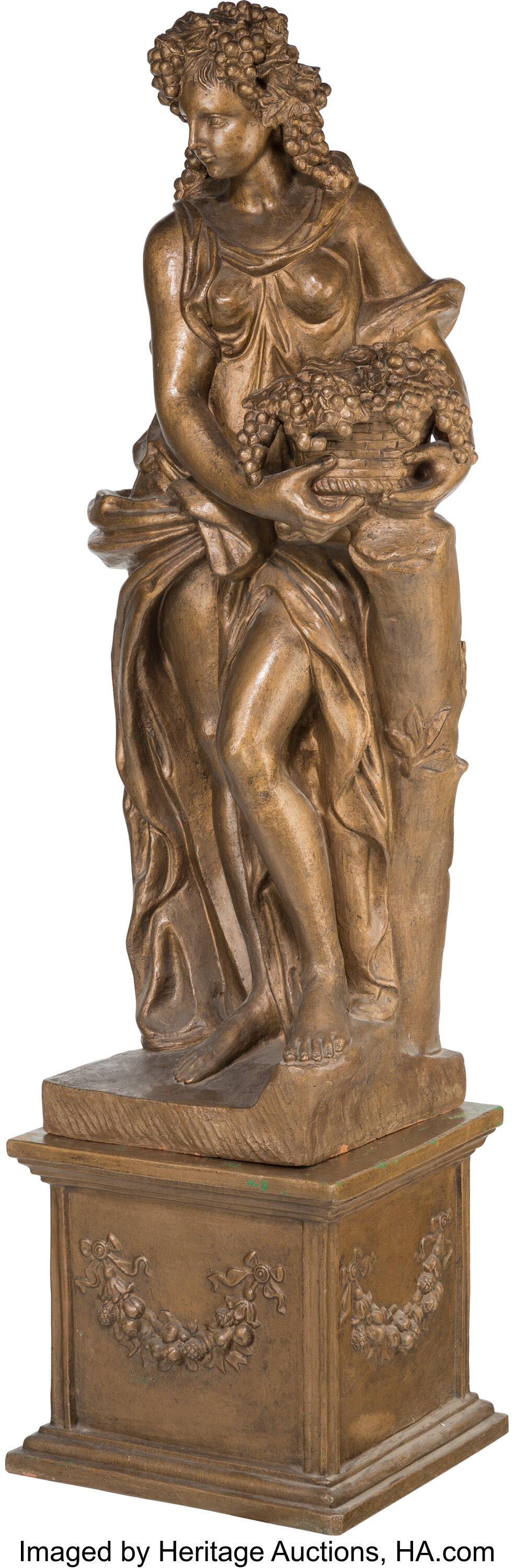 A Large Bronzed Terracotta Bacchante Figure on Pedestal. 74 h x 23 ...