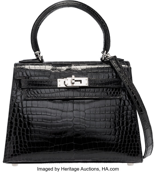 Hermes 20cm Shiny Black Porosus Crocodile Sellier Kelly Sport Bag, Lot  #58085