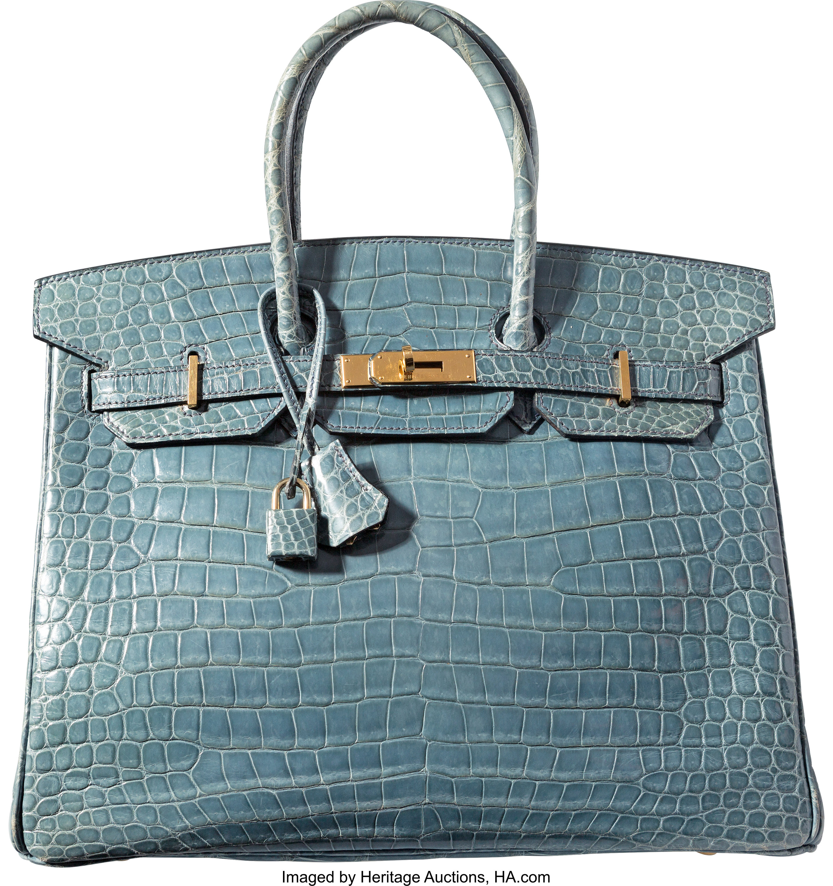 Hermes 35cm Shiny Blue Jean Porosus Crocodile Birkin Bag with Gold, Lot  #58100