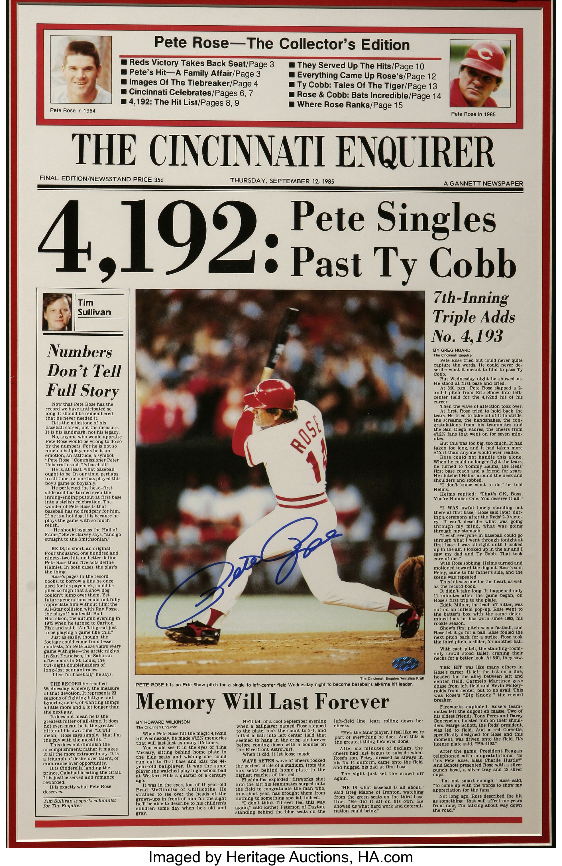 Pete Rose Signed Custom Framed Original Newspaper from Record