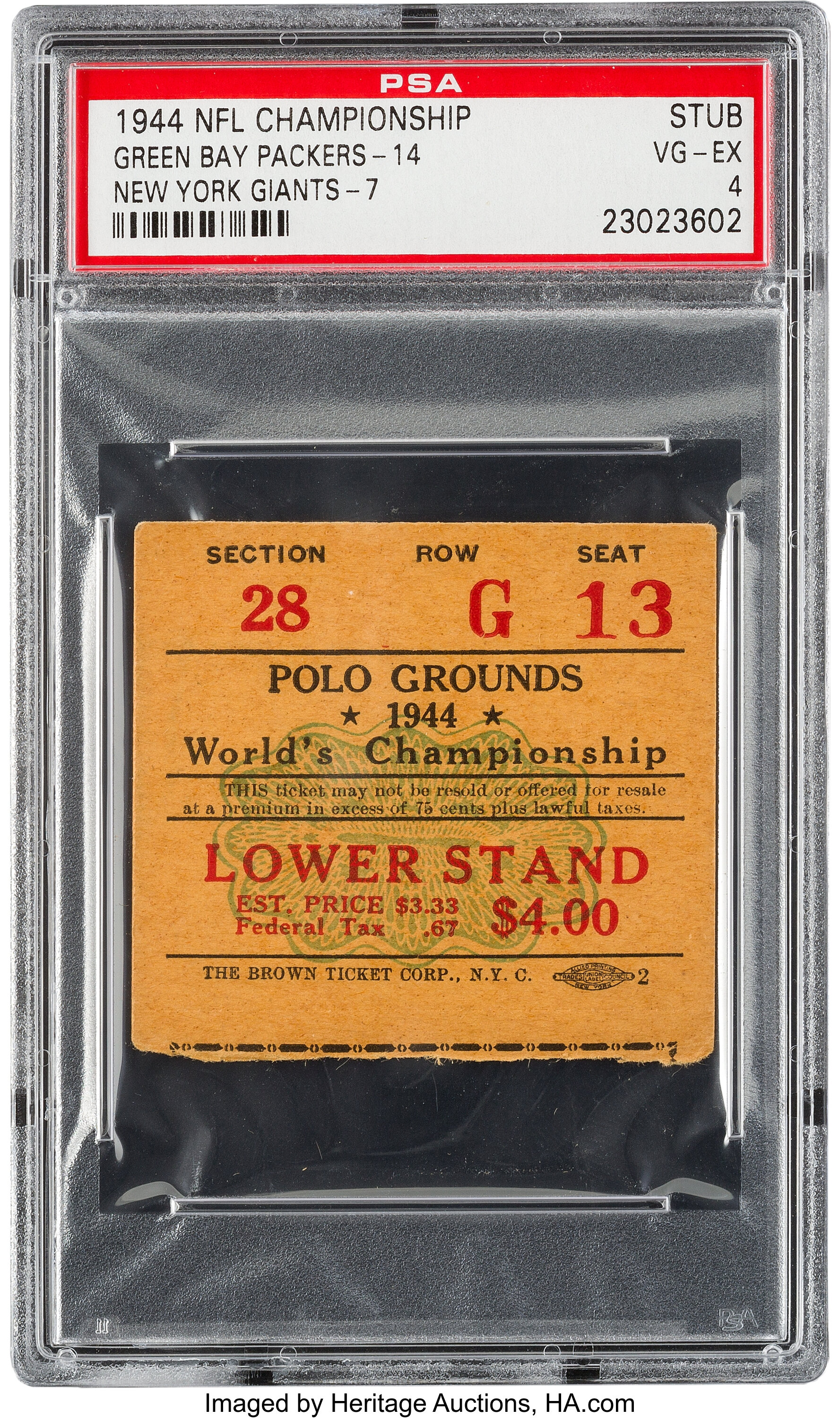 1944 NFL Championship Game Packers vs. Giants Ticket Stub PSA VG-EX, Lot  #80509