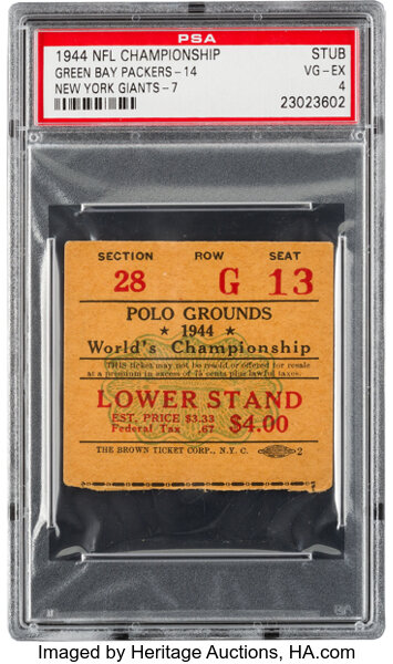 1944 NFL Championship Game Packers vs. Giants Ticket Stub PSA VG-EX, Lot  #80509