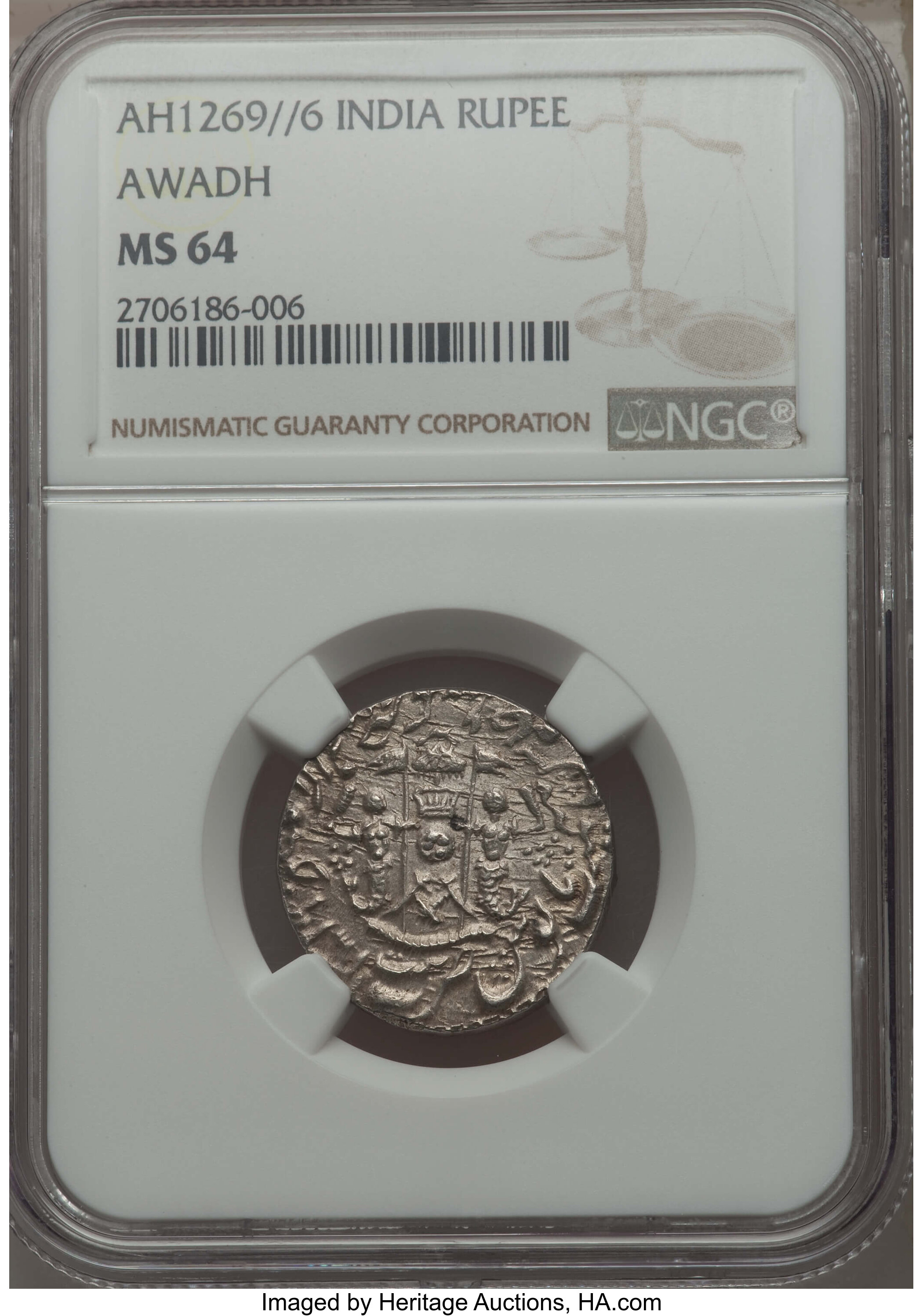 India: Awadh. Wajid Ali Shah Rupee AH 1269//6 (1853) MS64 NGC