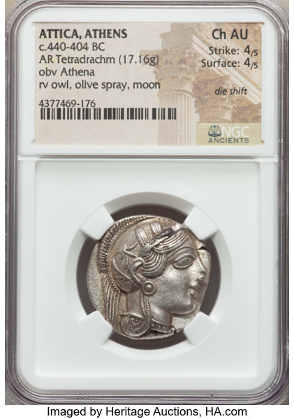 Ancients:Greek, Ancients: ATTICA. Athens. Ca. 454-404 BC. AR tetradrachm (17.16gm).&nbsp;NGC Choice AU 4/5 - 4/5, die shift....