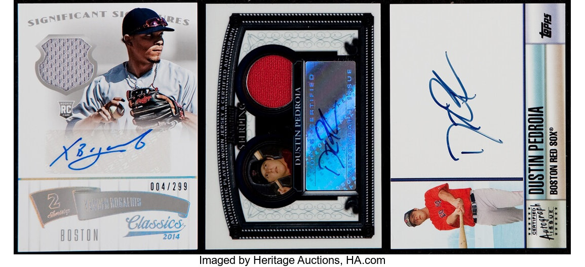 2005-2014 Dustin Pedroia and Xander Bogaerts Autograph Card Trio, Lot  #44123