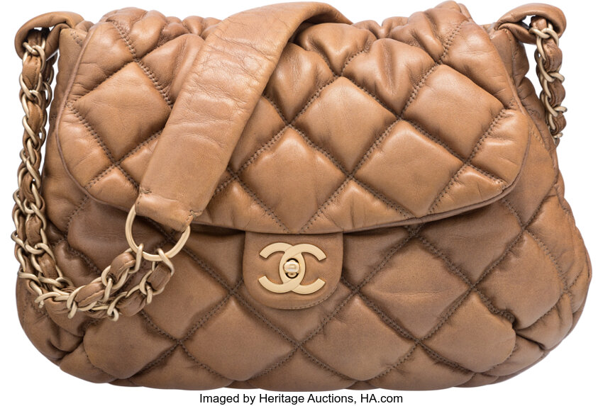 Chanel Brown Quilted Lambskin Leather Bubble Quilt Flap Bag. Good