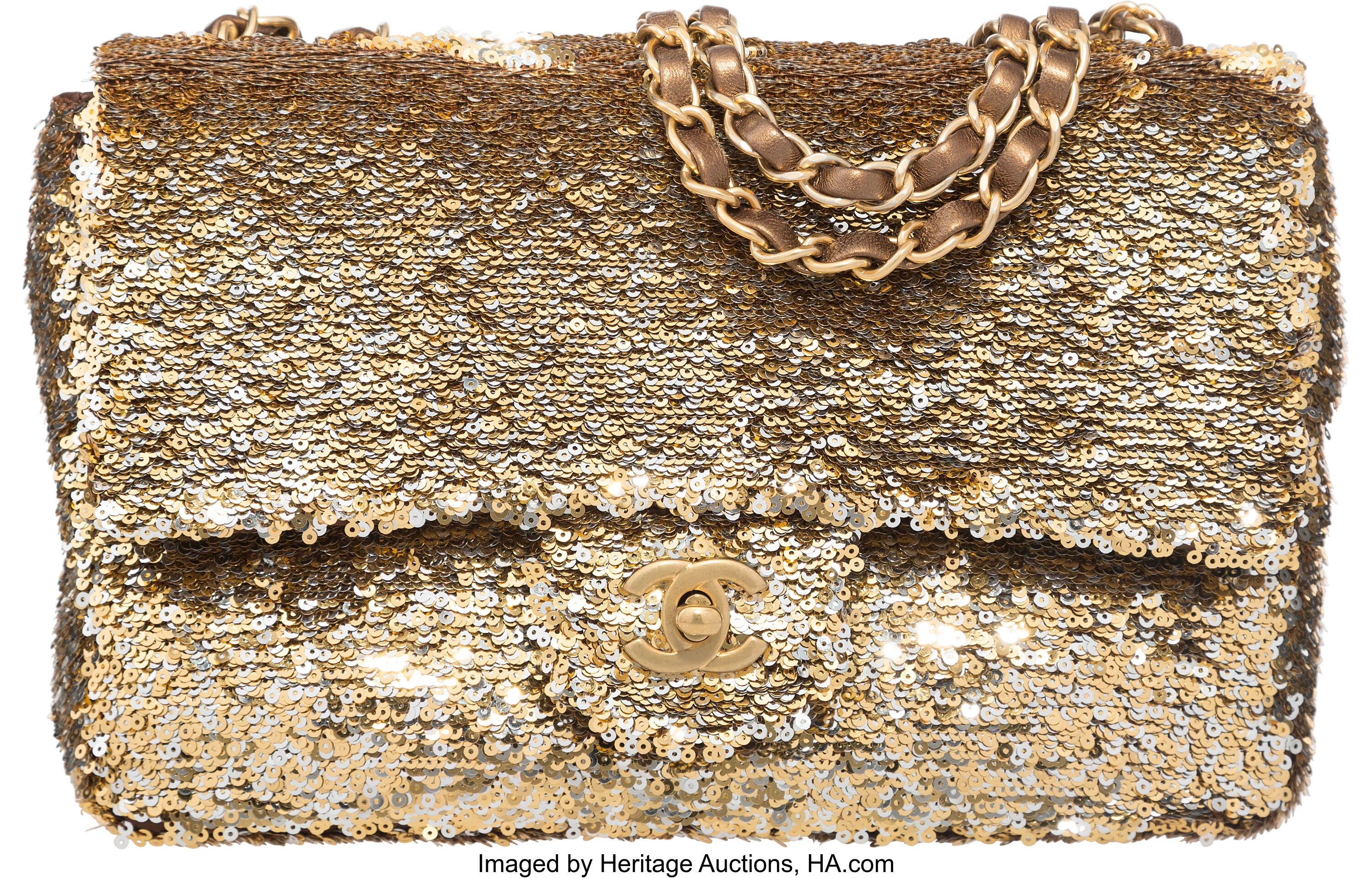 Chanel Metallic Gold Sequin Medium Single Flap Bag. Excellent, Lot #58015