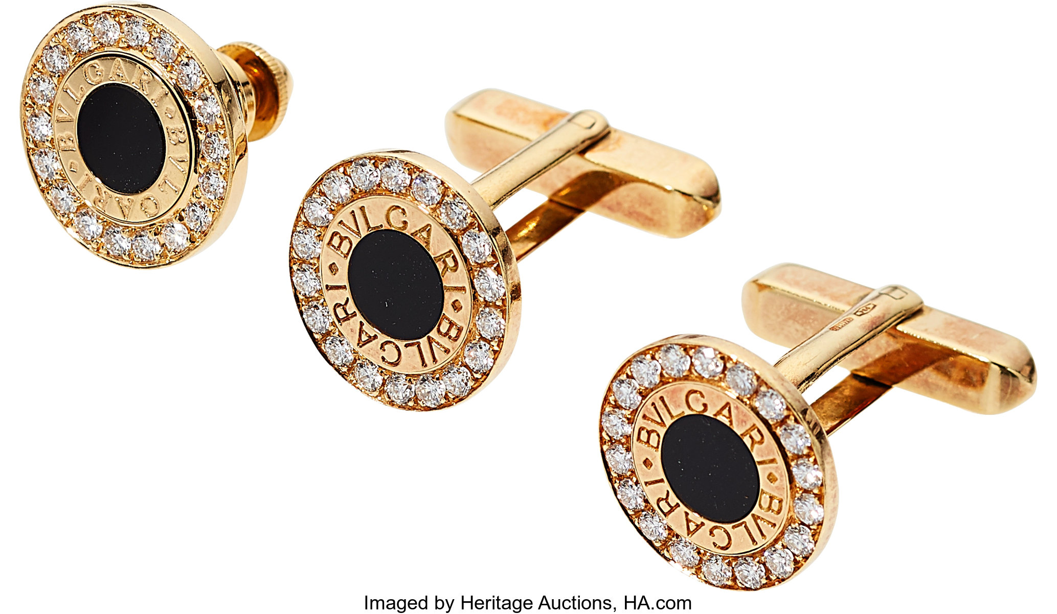 Gentleman's Diamond, Black Onyx, Gold Cuff Links and Tie Tac Set