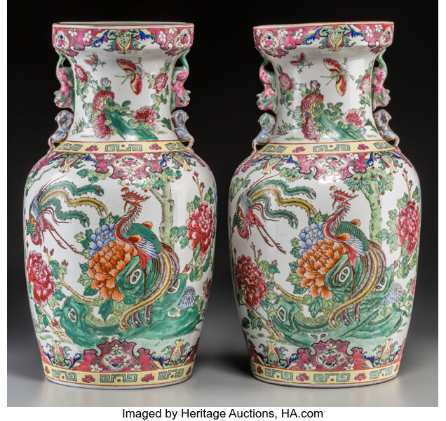 A Pair Of Chinese Export Porcelain Vases With Phoenix Motif Lot