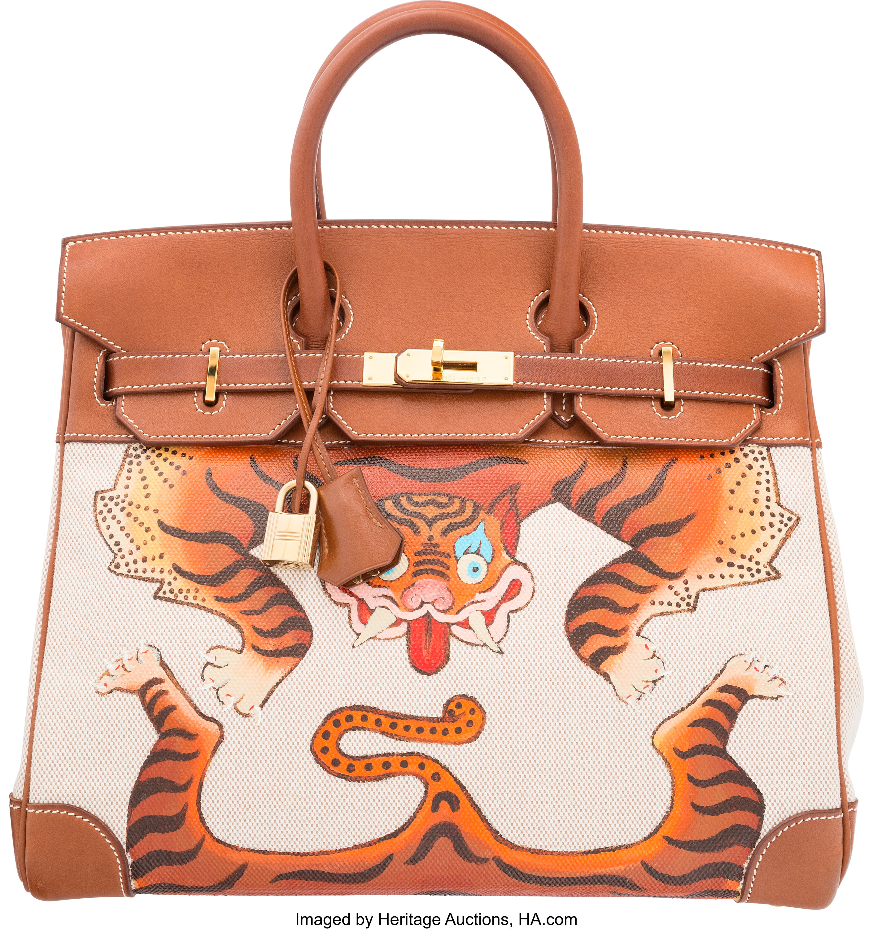 Hermes HAC Birkin Bag Toile and Fauve Barenia with Gold Hardware