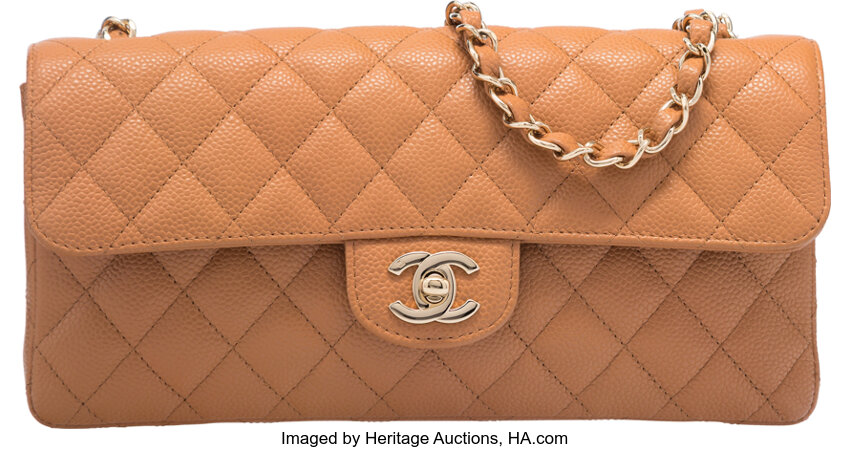 Chanel Beige Quilted Caviar Leather East West Flap Bag. Excellent