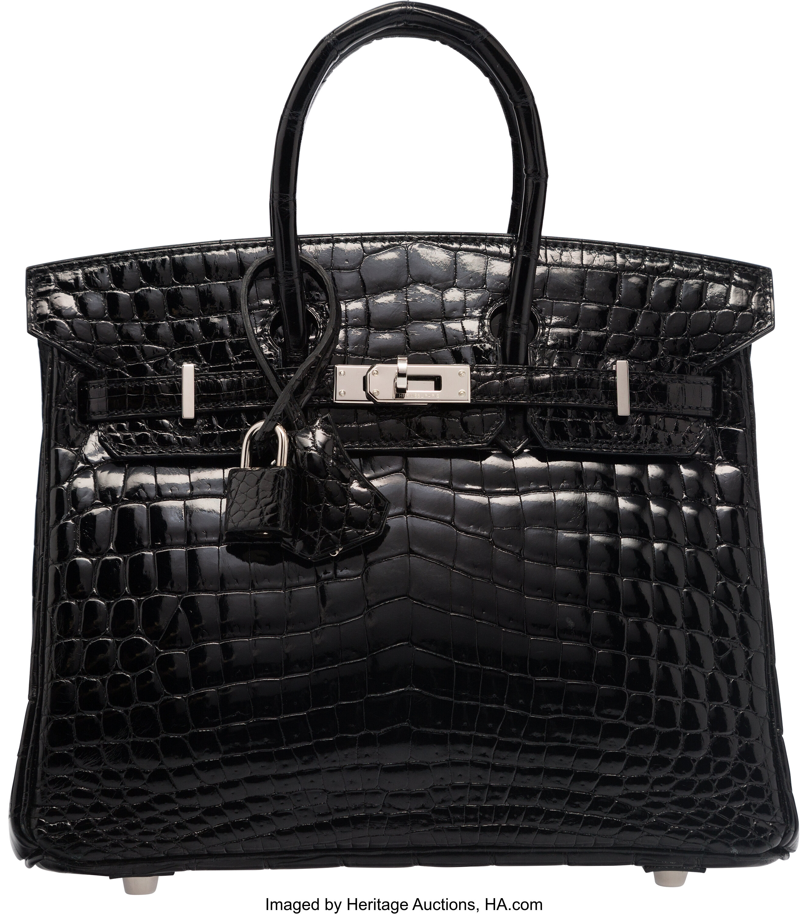 Hermès 25cm Shiny Black Niloticus Crocodile Birkin Bag with