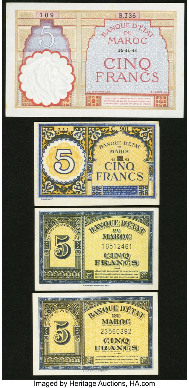 Morocco Banque D Etat Du Maroc 5 Francs 14 11 1941 Pick 23ab Lot 341 Heritage Auctions