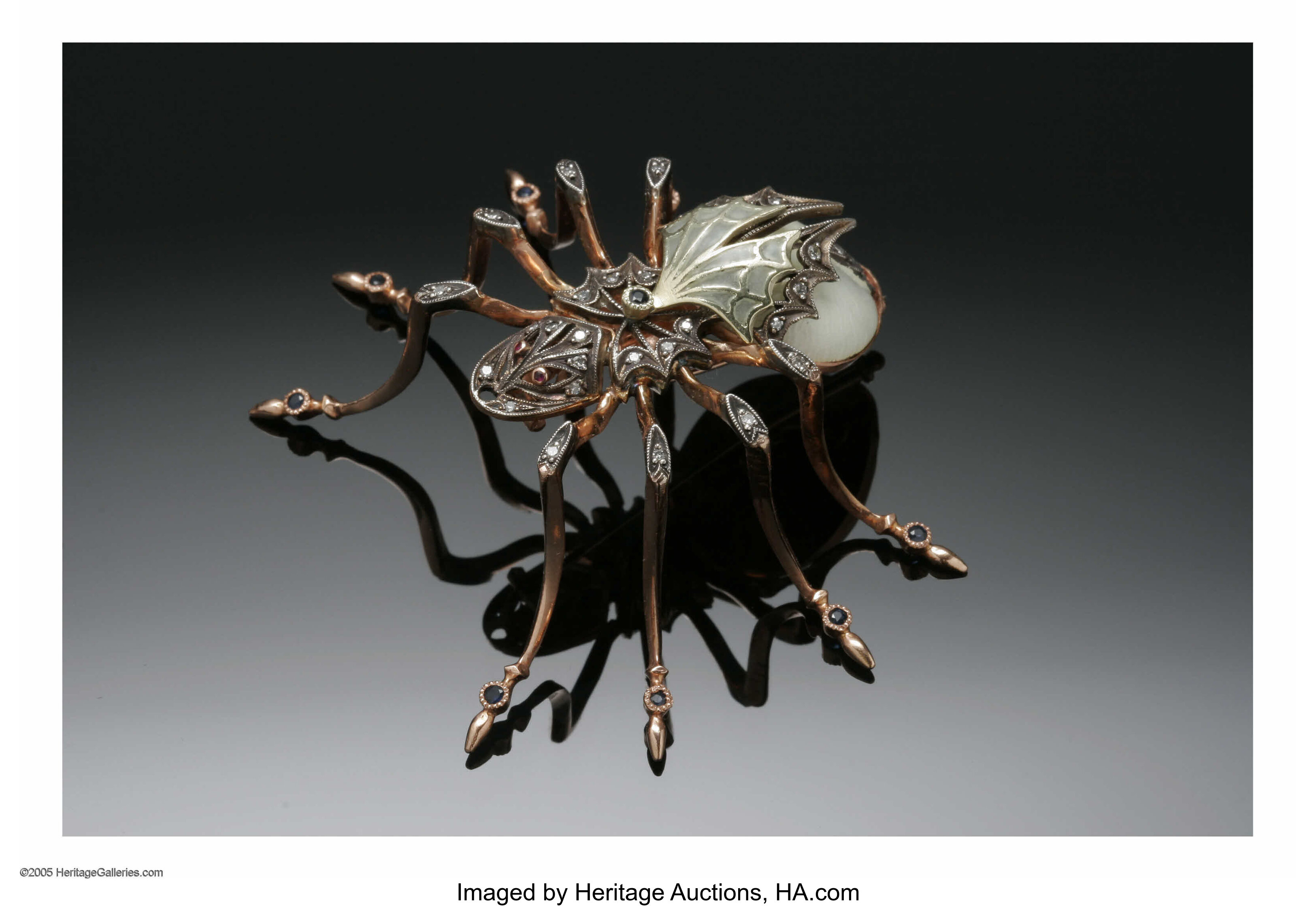 A 14K Gold Spider Brooch Topped With Ivory Colored Guilloche Set