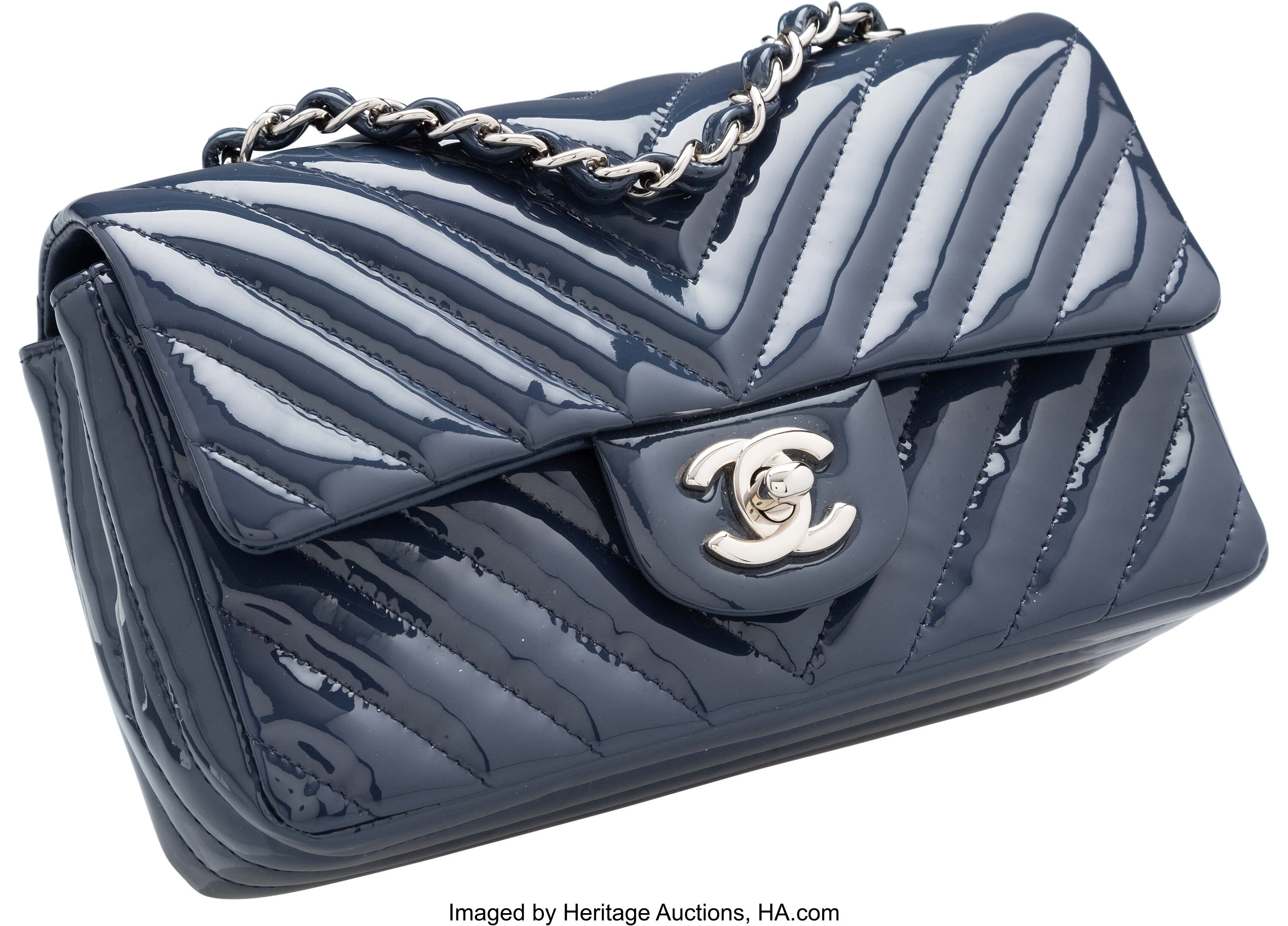 Chanel Navy Blue Chevron Quilted Patent Leather Mini Flap Bag