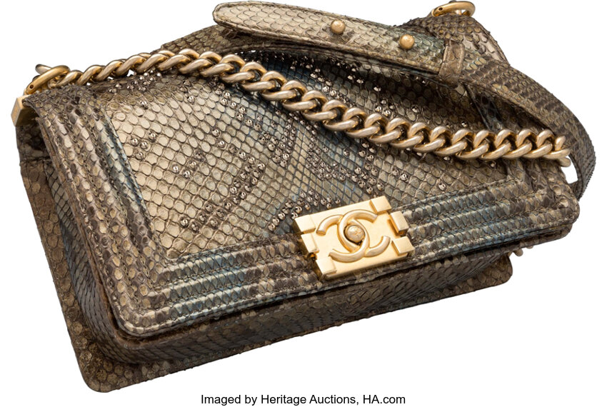 Chanel Metallic Green Python & Sequin Boy Bag. Excellent Condition., Lot  #16035