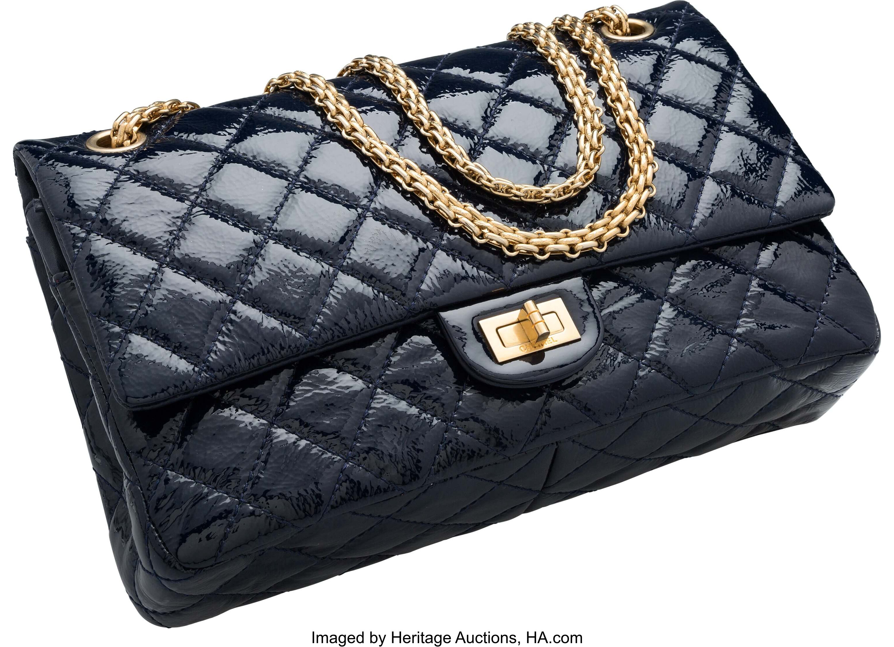 Chanel Navy Blue Quilted Distressed Patent Leather Jumbo Reissue, Lot  #16024