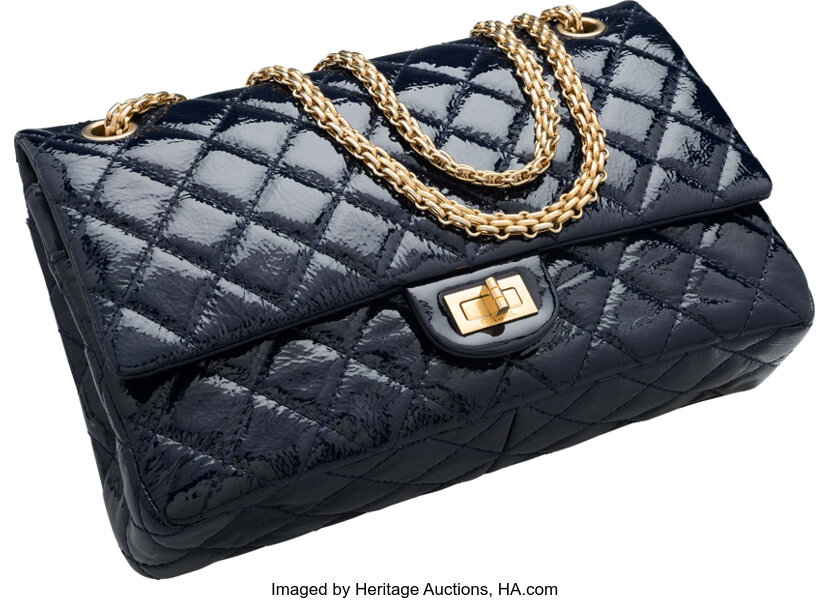 Chanel Navy Blue Quilted Distressed Patent Leather Jumbo Reissue