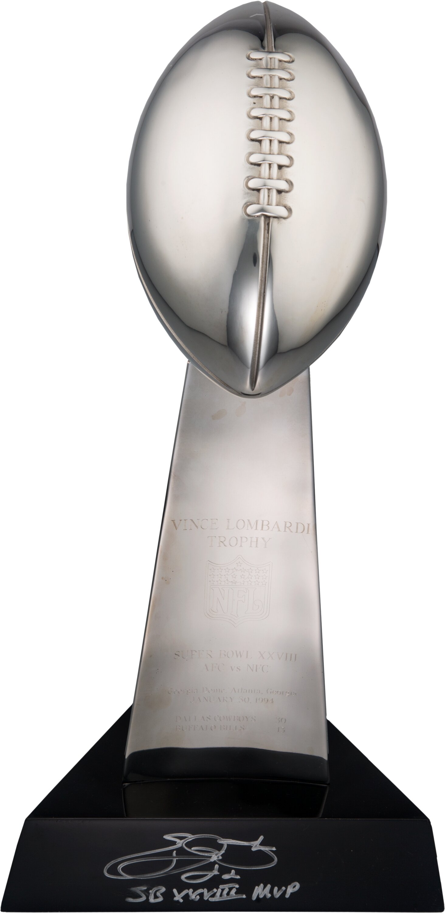 The silver Lombardi Trophy of the Super Bowl