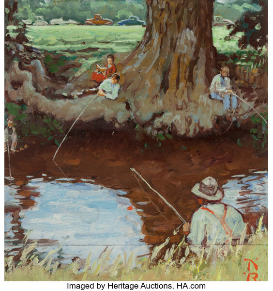 Norman Rockwell (American, 1894-1978). Fishing, 1965. Oil over
