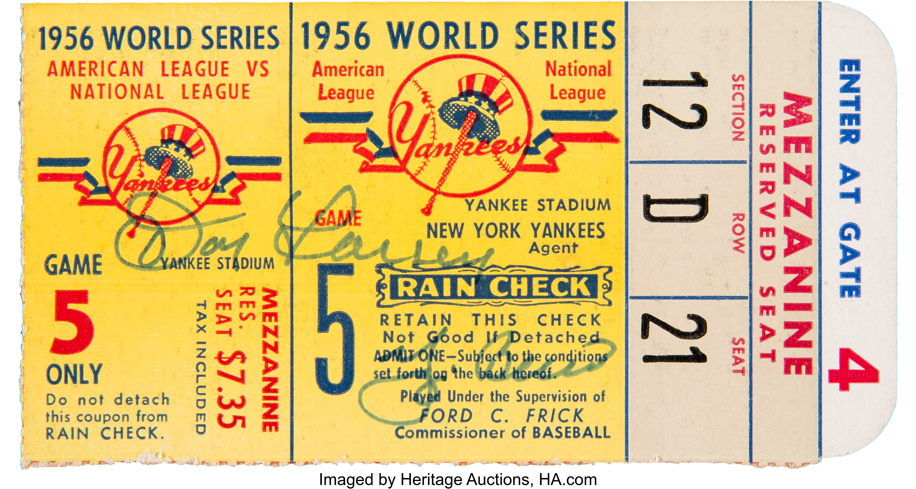 Historic 1956 World Series Don Larsen Perfect Game Signed Game