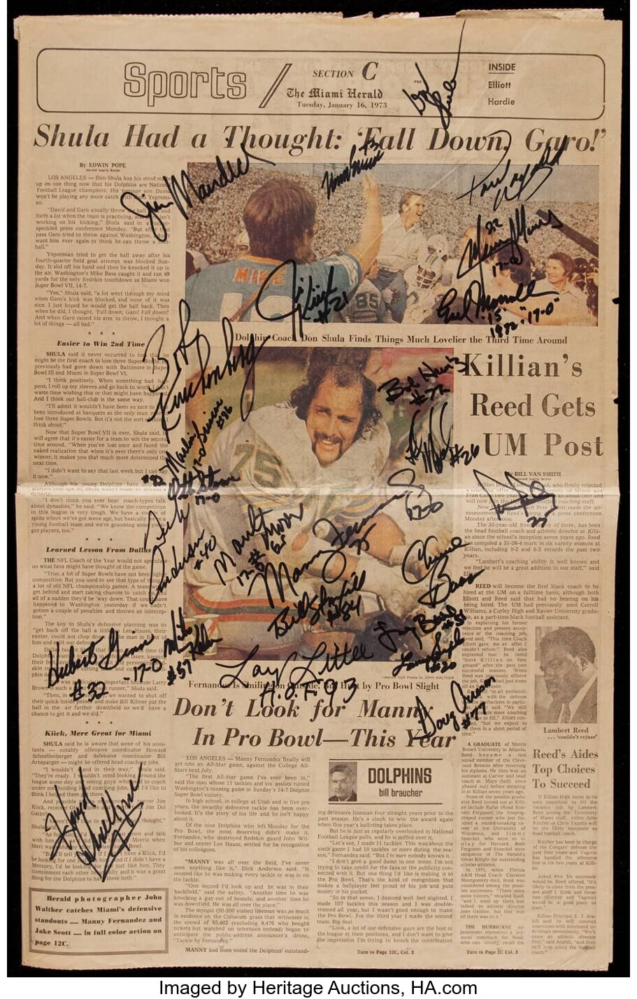 1972 Miami Dolphins Multi-Signed '1973-The Miami Herald', Lot #41238