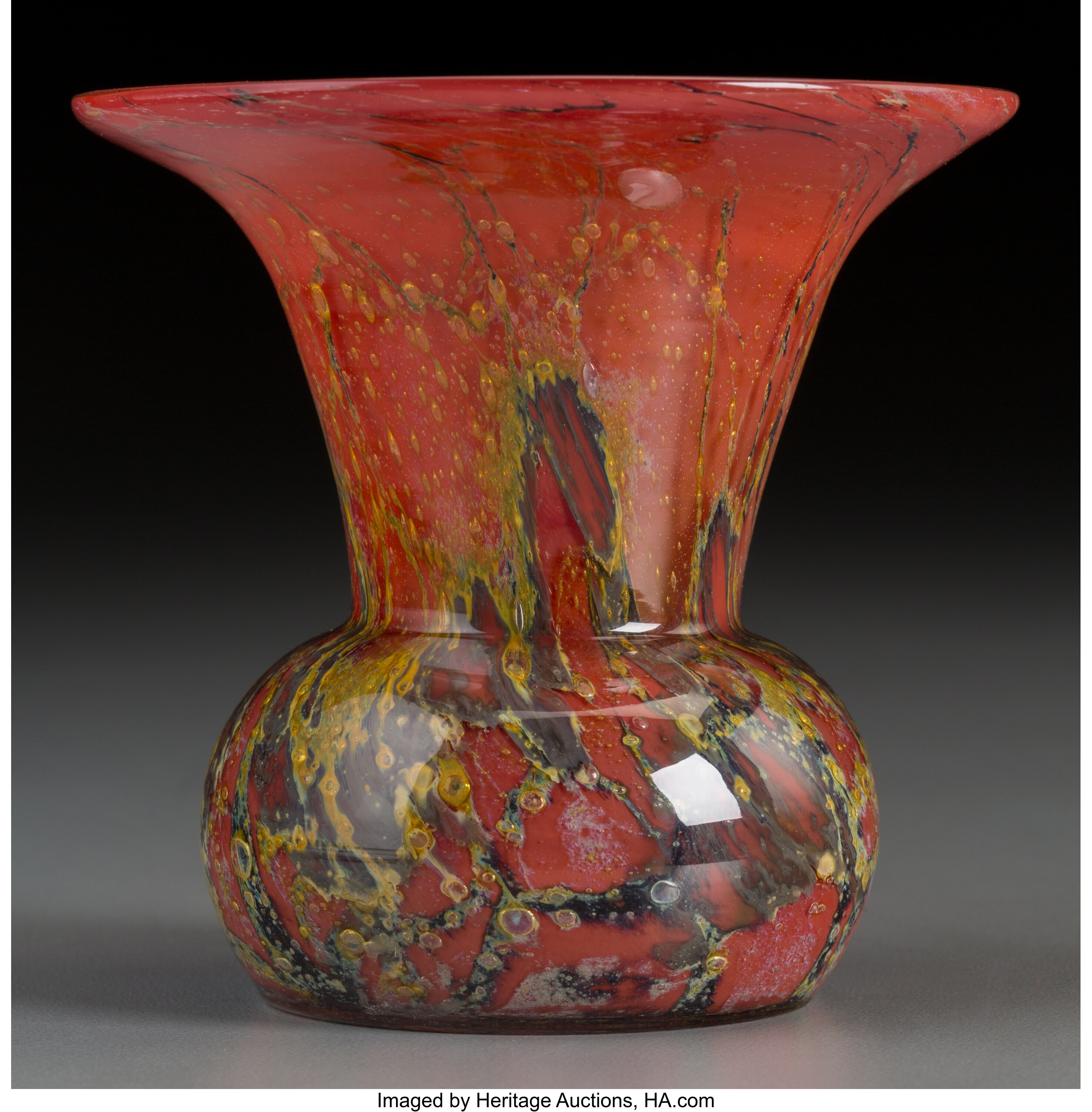 WMF Ikora Red Moss Agate Glass Vase. Circa 1930. Ht. 3-7/8 in