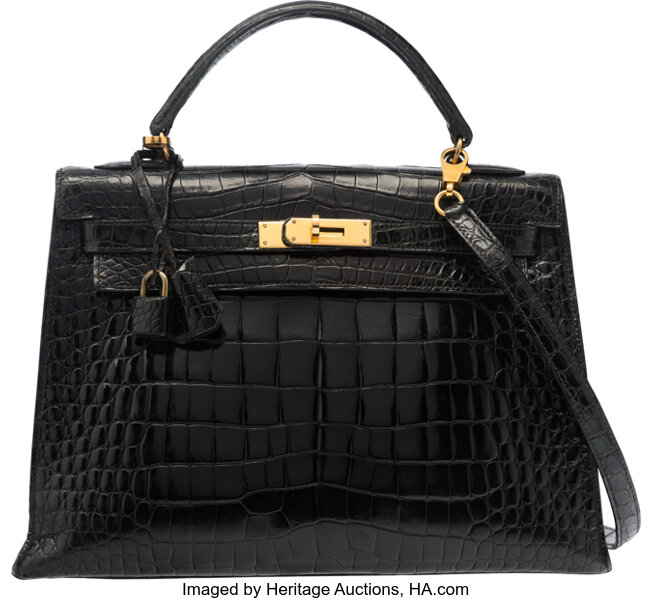 HERMES Kelly Alligator 32 cm Black with Gold Hardware Vintage Bag