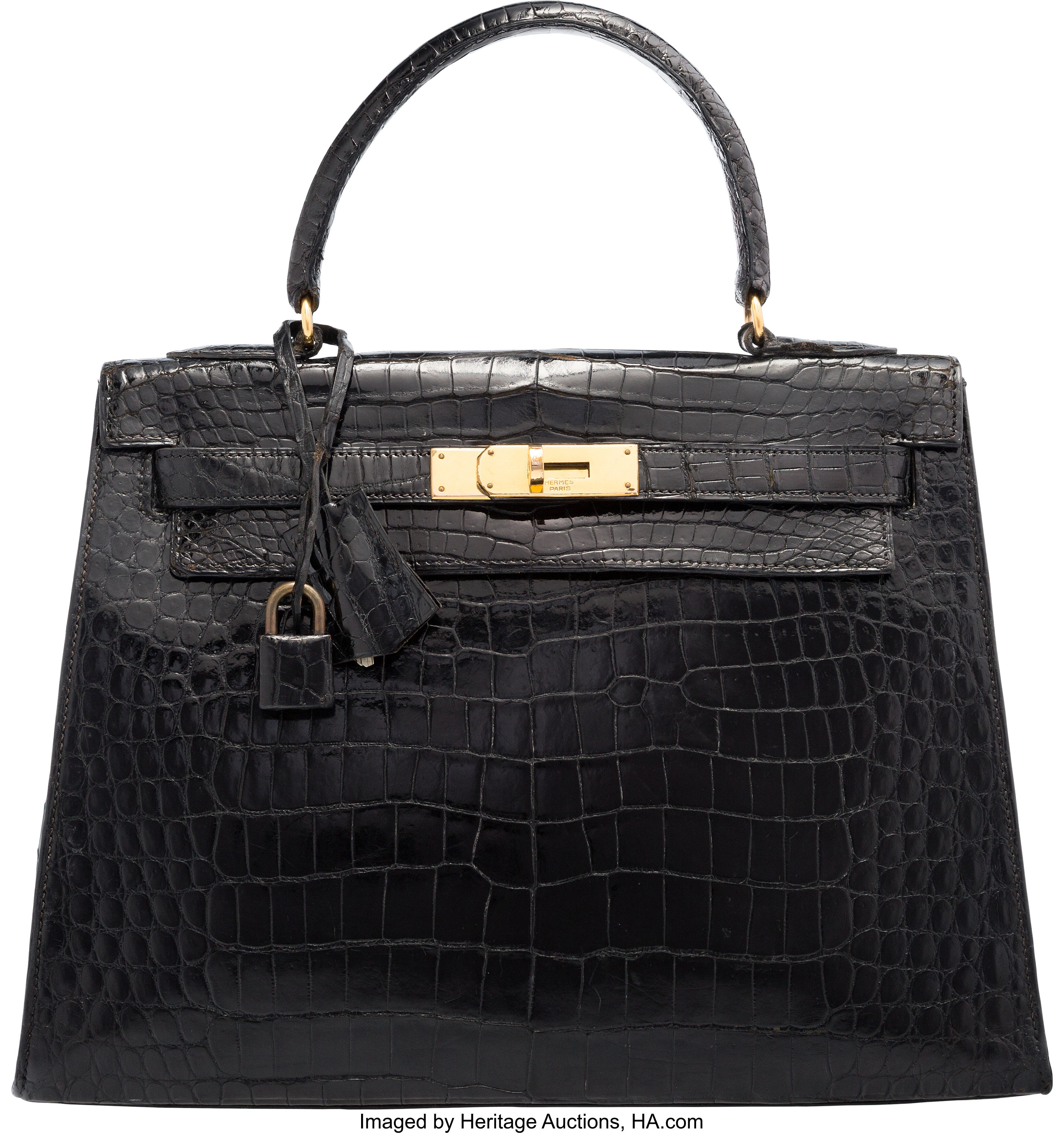 Hermes 28cm Shiny Black Crocodile Sellier Kelly Bag with Gold | Lot ...