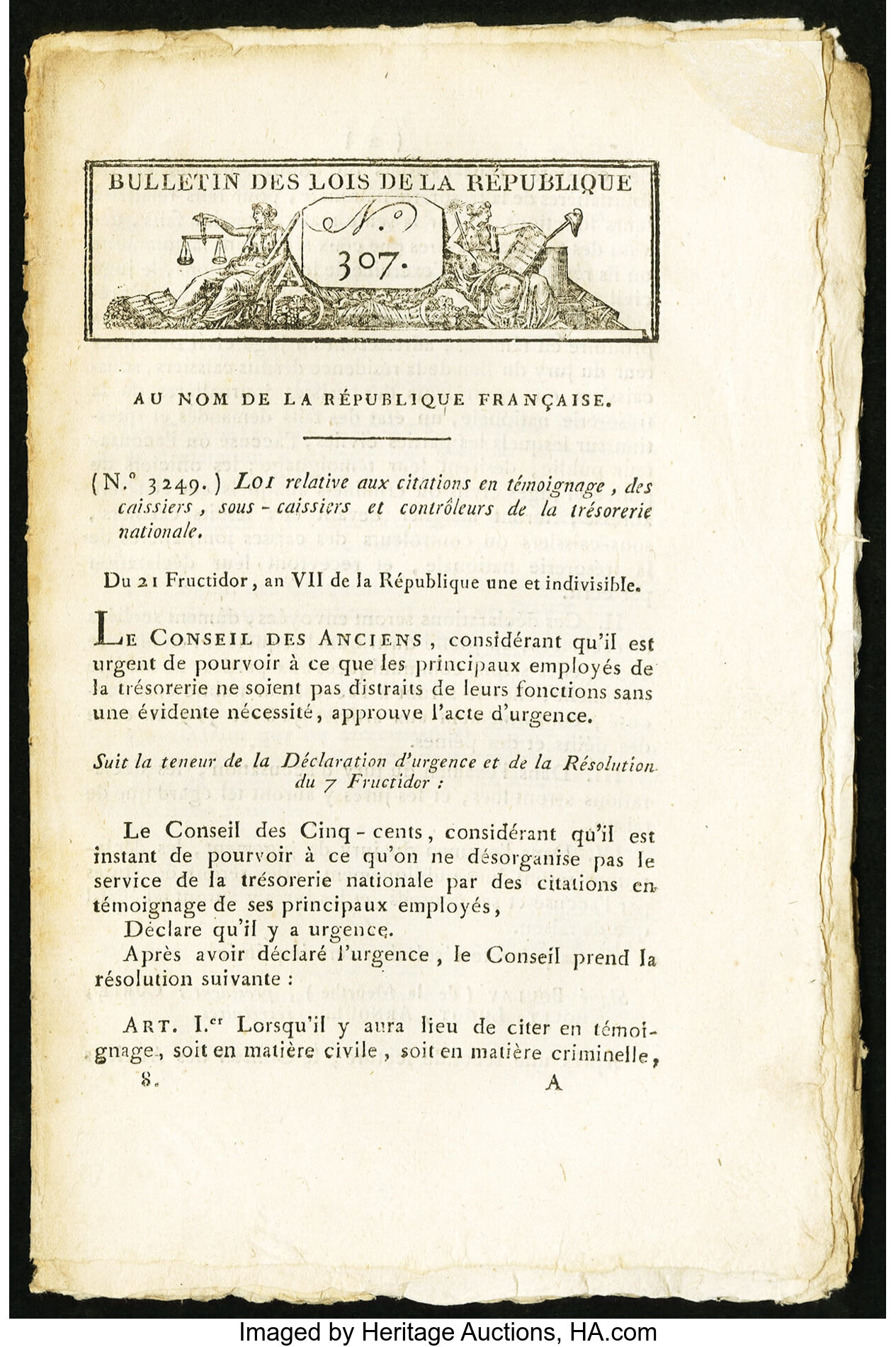 France Bulletin Des Lois De La Republique 24 Pages Fructidore Vii Lot Heritage Auctions