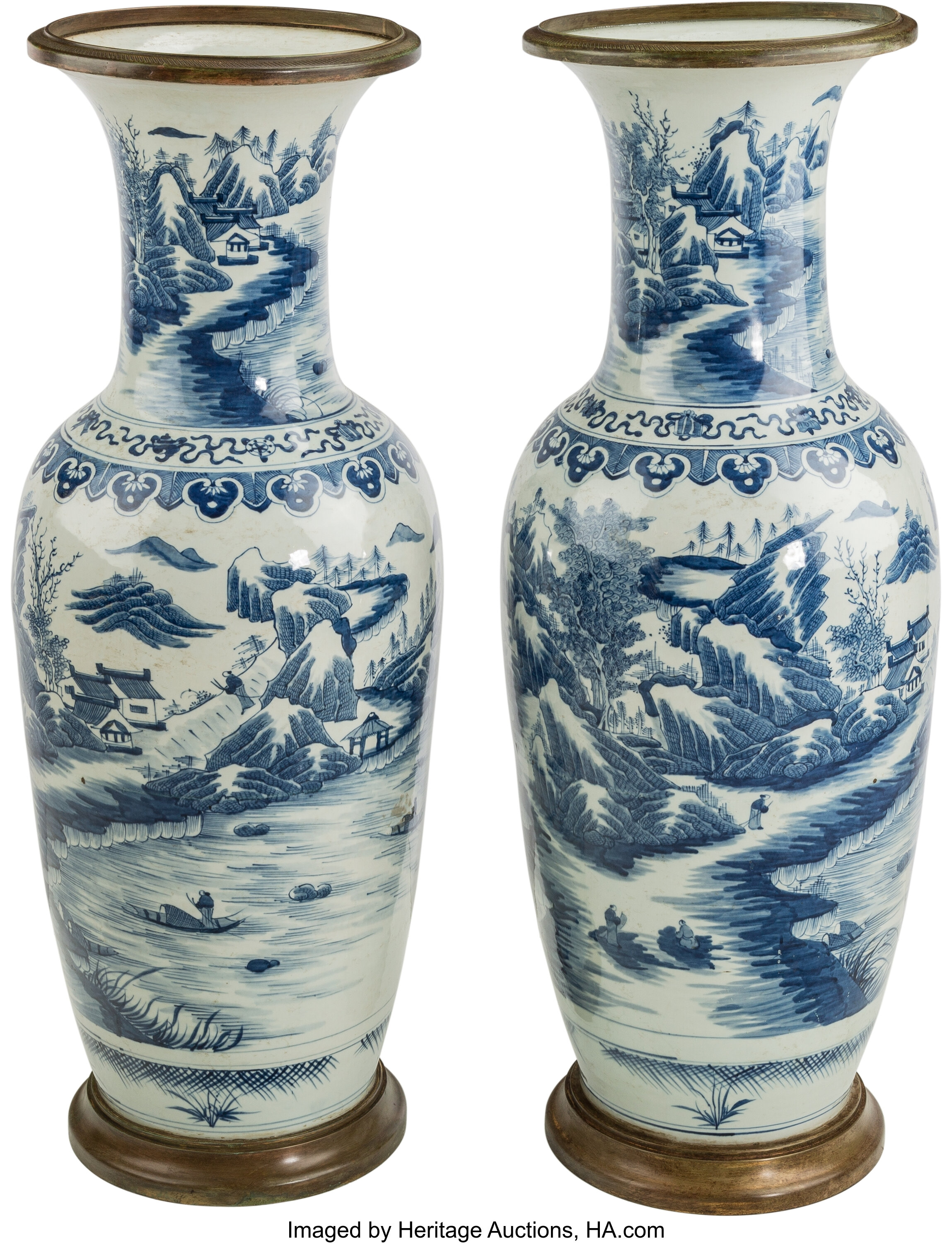 A Pair Of Large Chinese Blue And White Porcelain Floor Vases