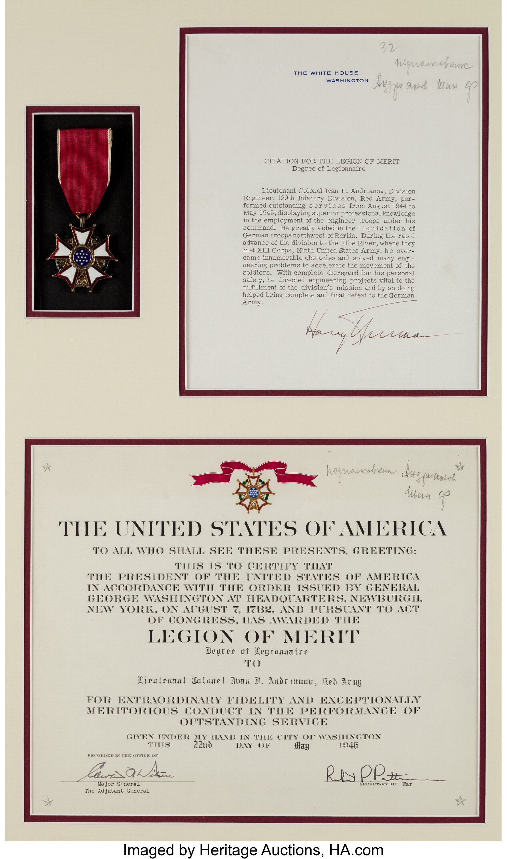 WWII Legion of Merit Awarded to Russian Red Army LT. Colonel Ivan | Lot ...