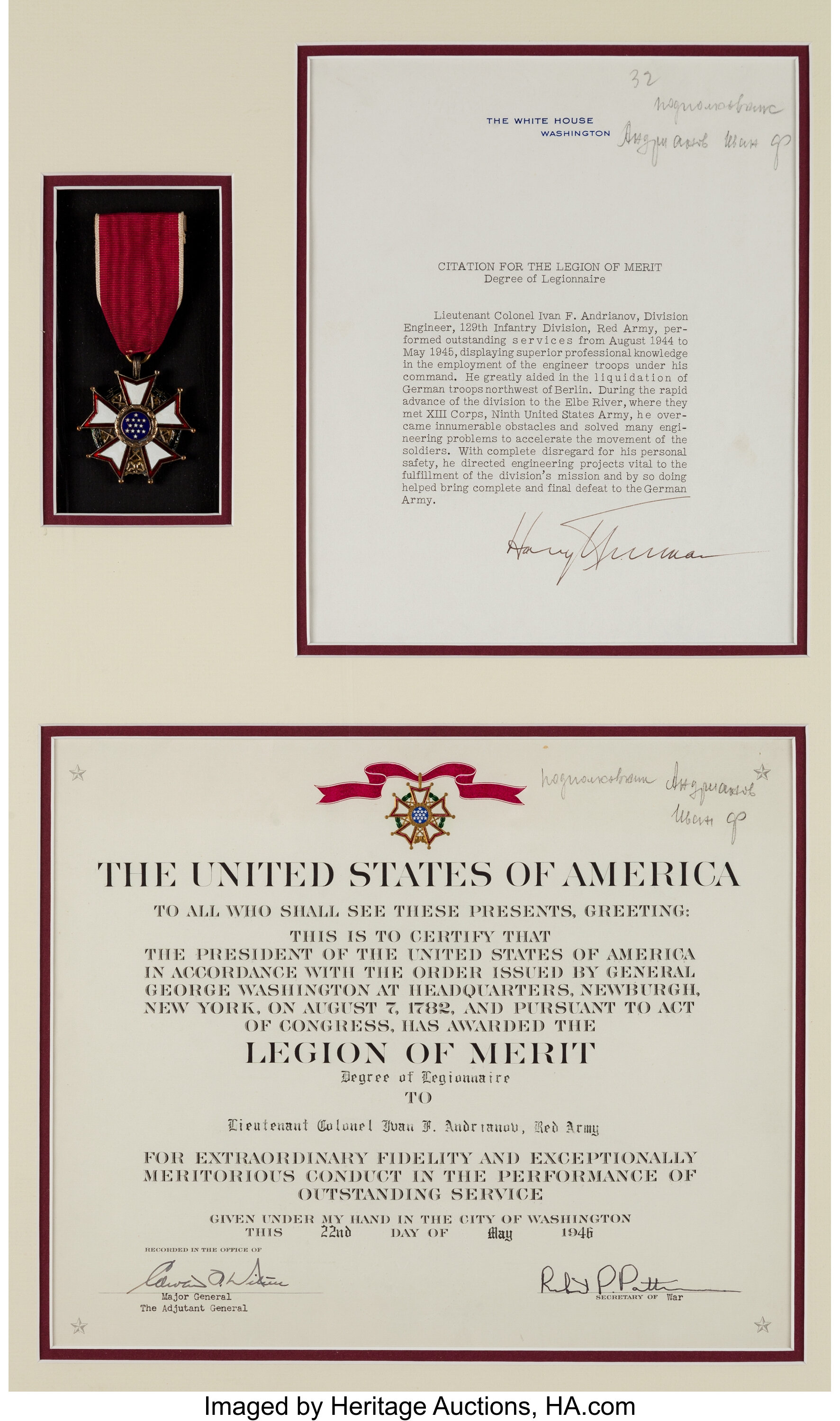 Wwii Legion Of Merit Awarded To Russian Red Army Lt Colonel Ivan Lot Heritage Auctions