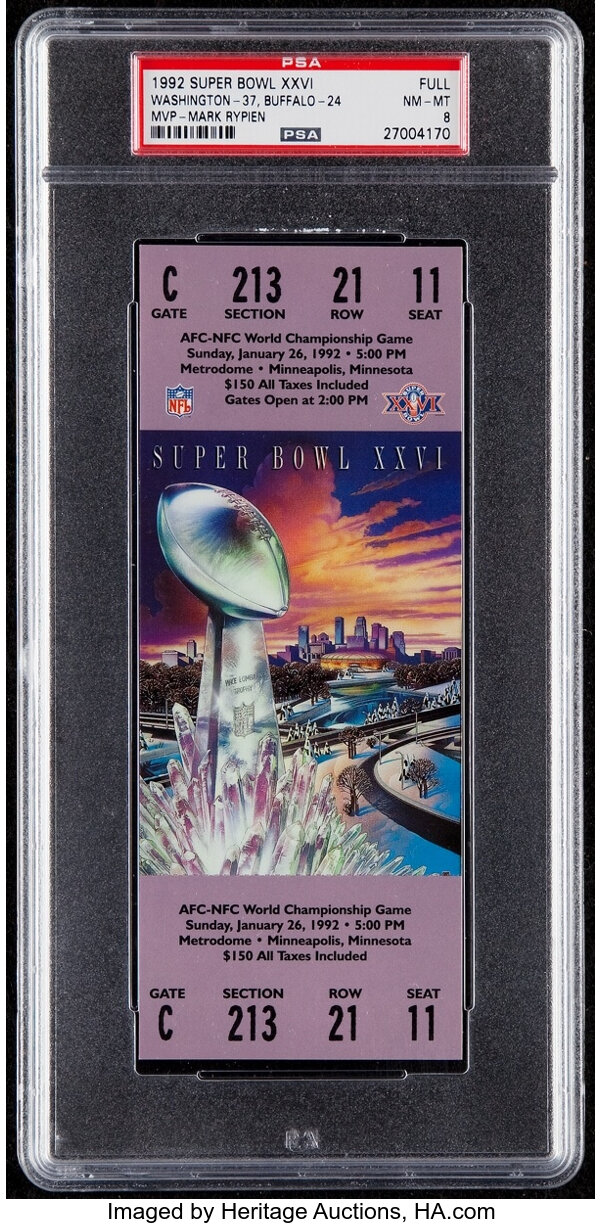 1992 Super Bowl XXVI Full Ticket PSA NM-MT 8 - Washington Redskins, Lot  #43336