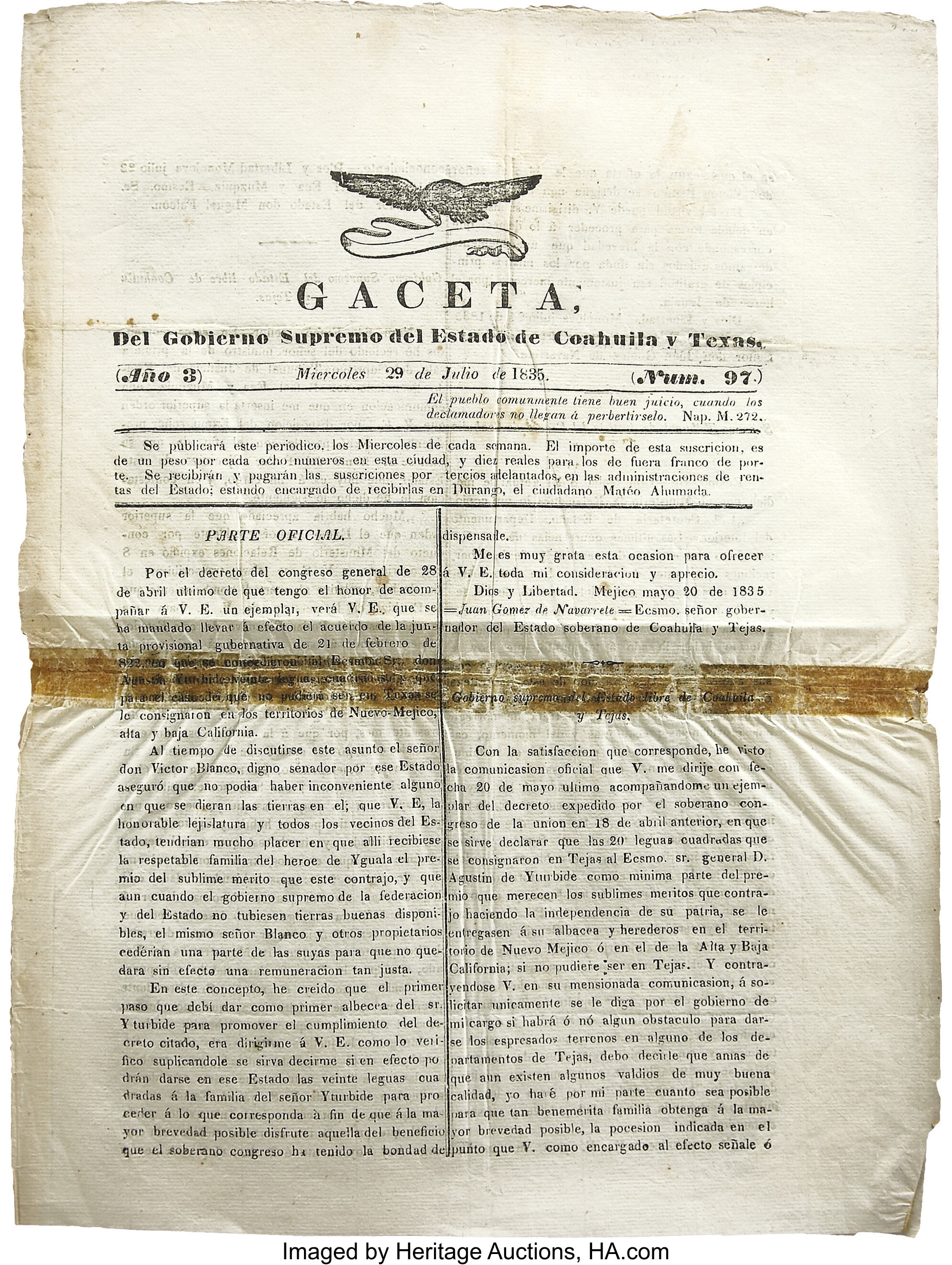 Gaceta Del Gobierno Supremo Del Estado E Coahuila Y Texas Books Lot Heritage Auctions