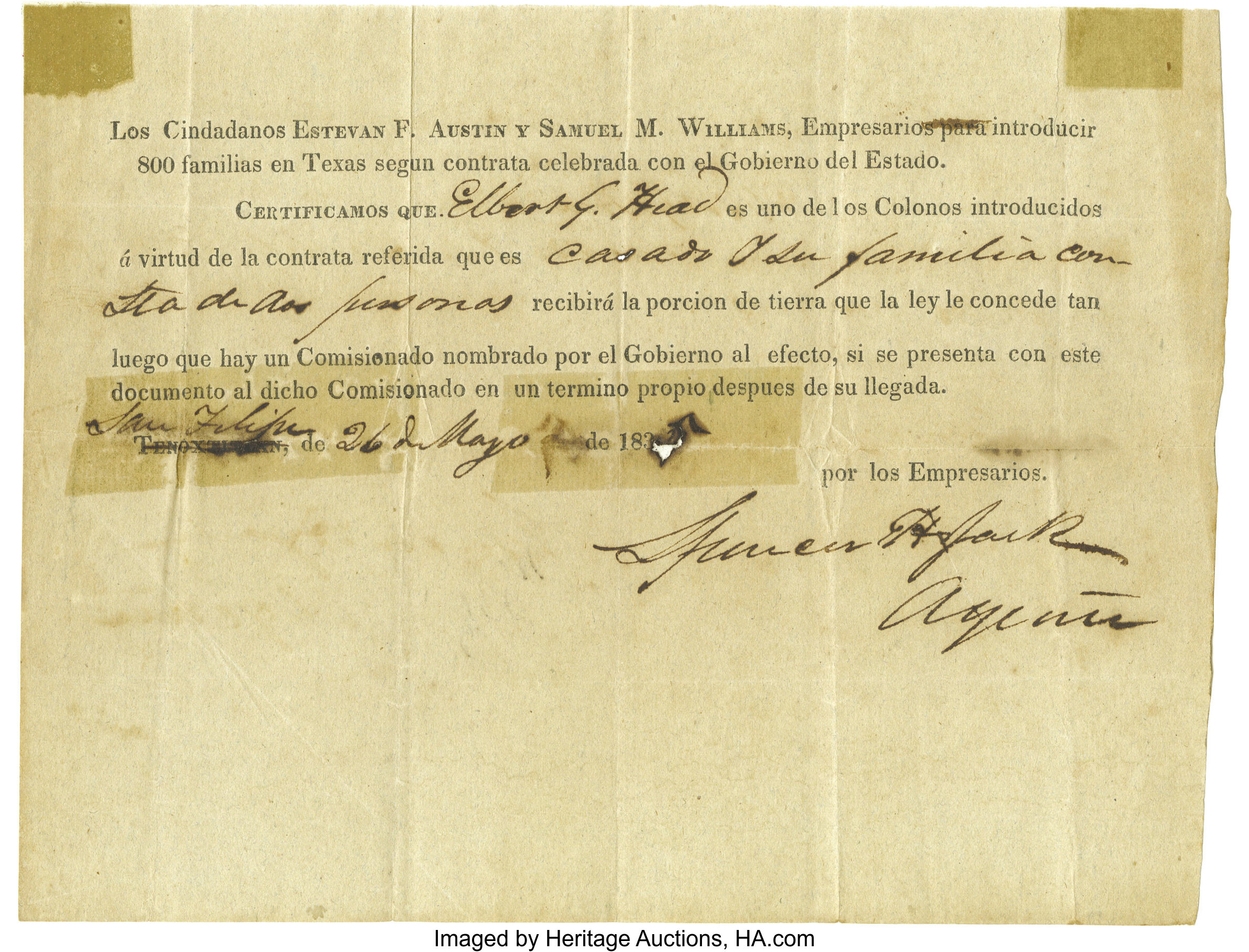 Certificate Of Admission Into Austin And Williams Colony Lot Heritage Auctions