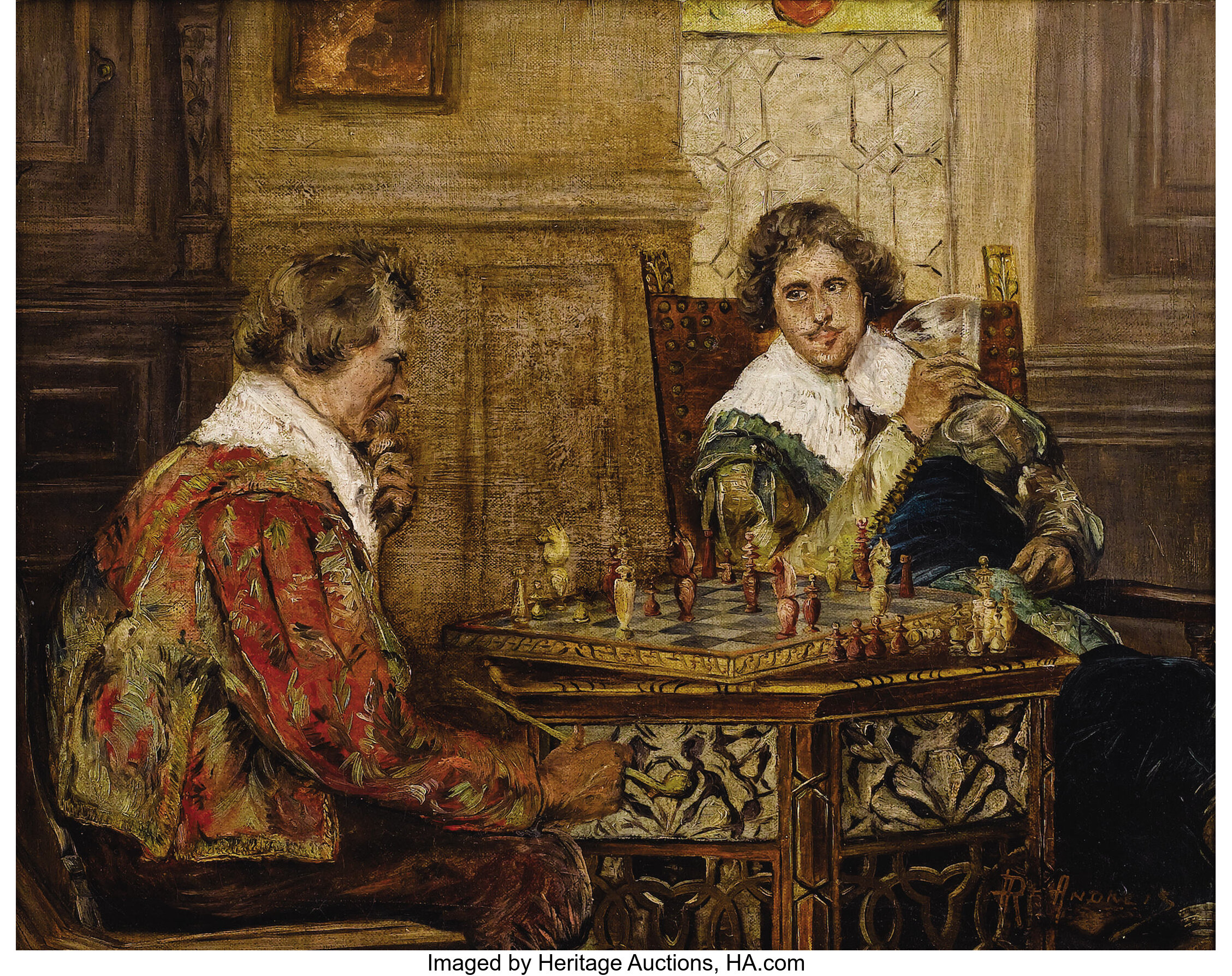 A CHESS GAME - FINE OIL PAINTING - 19th century