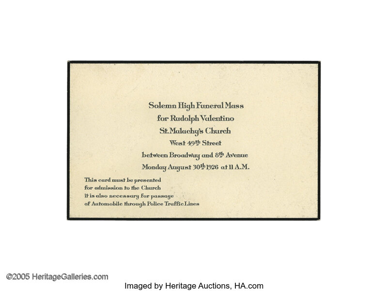 Rudolph Valentino Funeral Mass Card Offered Here Is A Lot