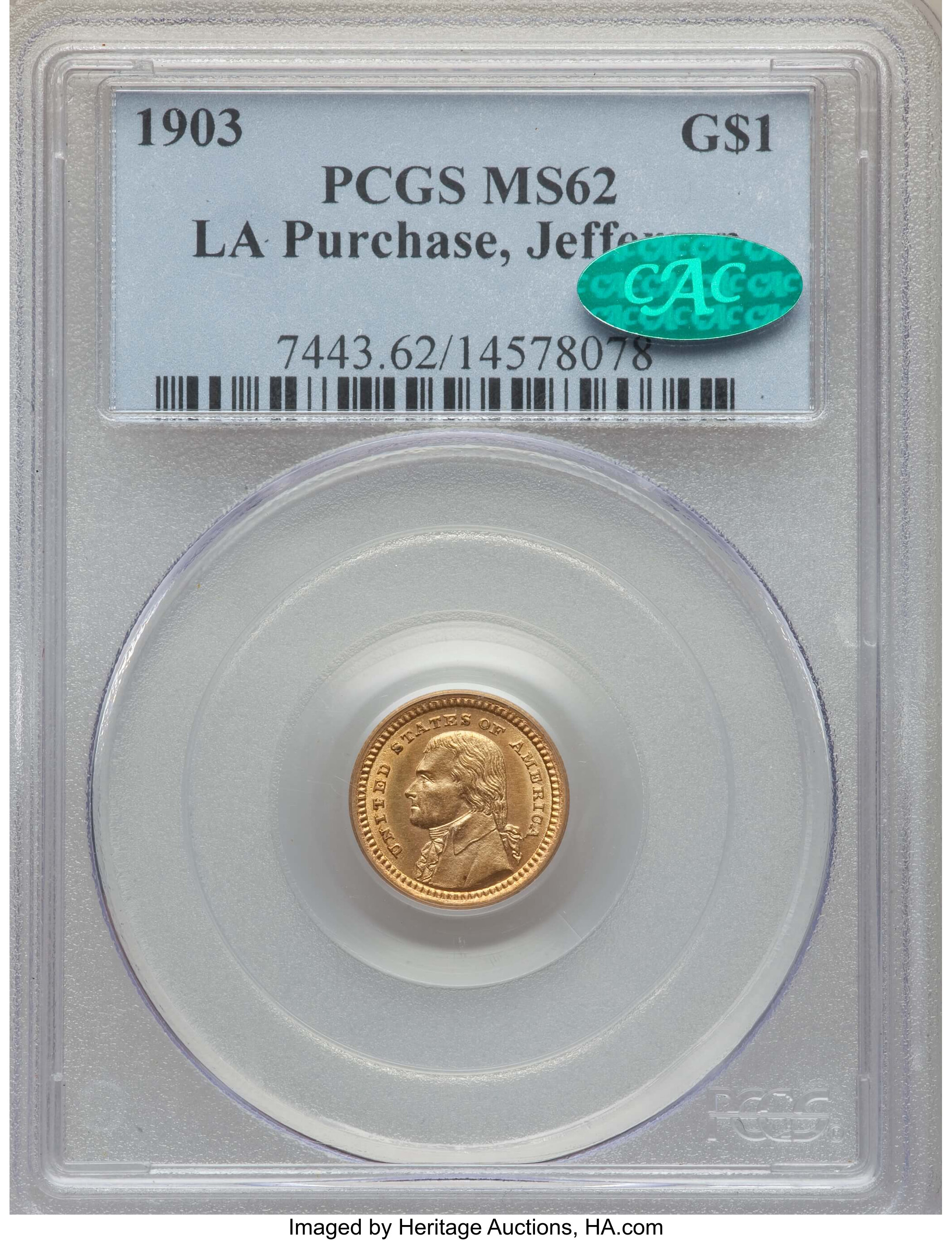 1903 G$1 Louisiana Purchase, Jefferson Gold Dollar MS62 PCGS. CAC